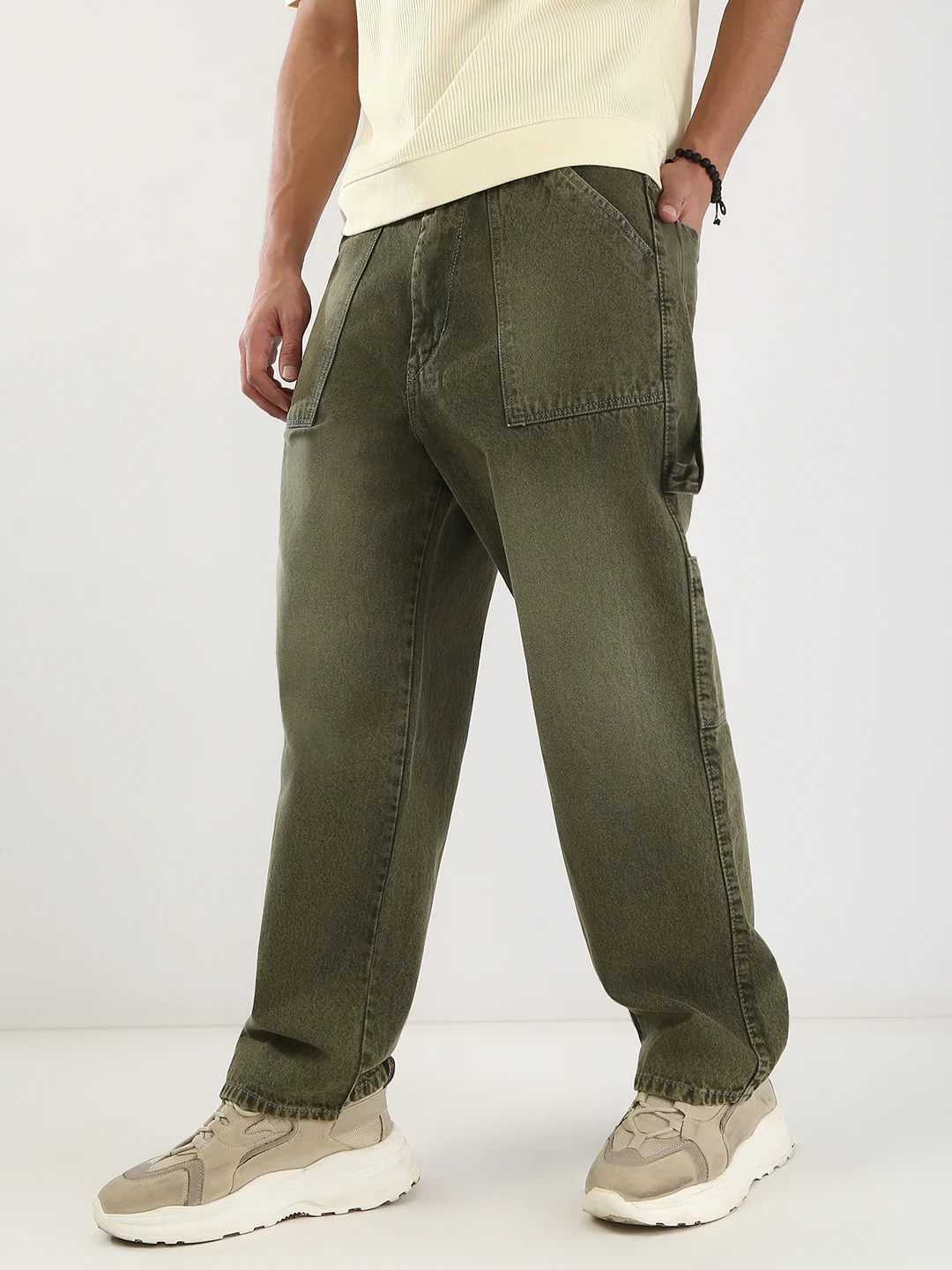 Men's Olive Loose Fit Cargo Carpenter Jeans With 6 Pockets Non-Stretchable