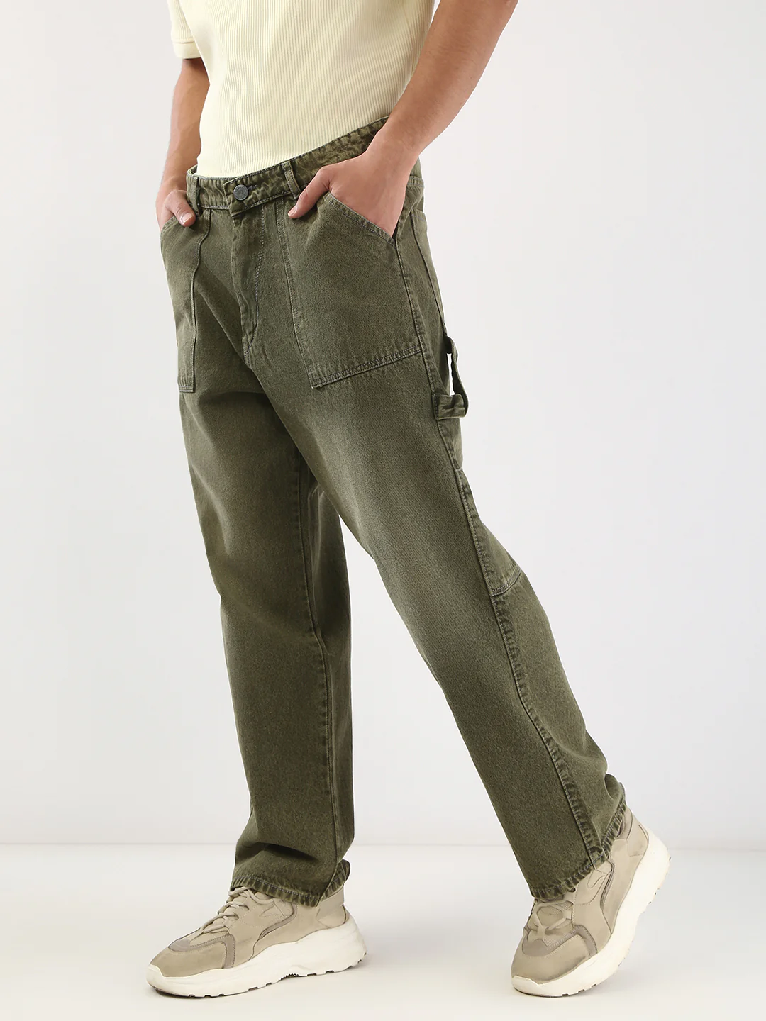 Men's Olive Loose Fit Cargo Carpenter Jeans With 6 Pockets Non-Stretchable - Image 2