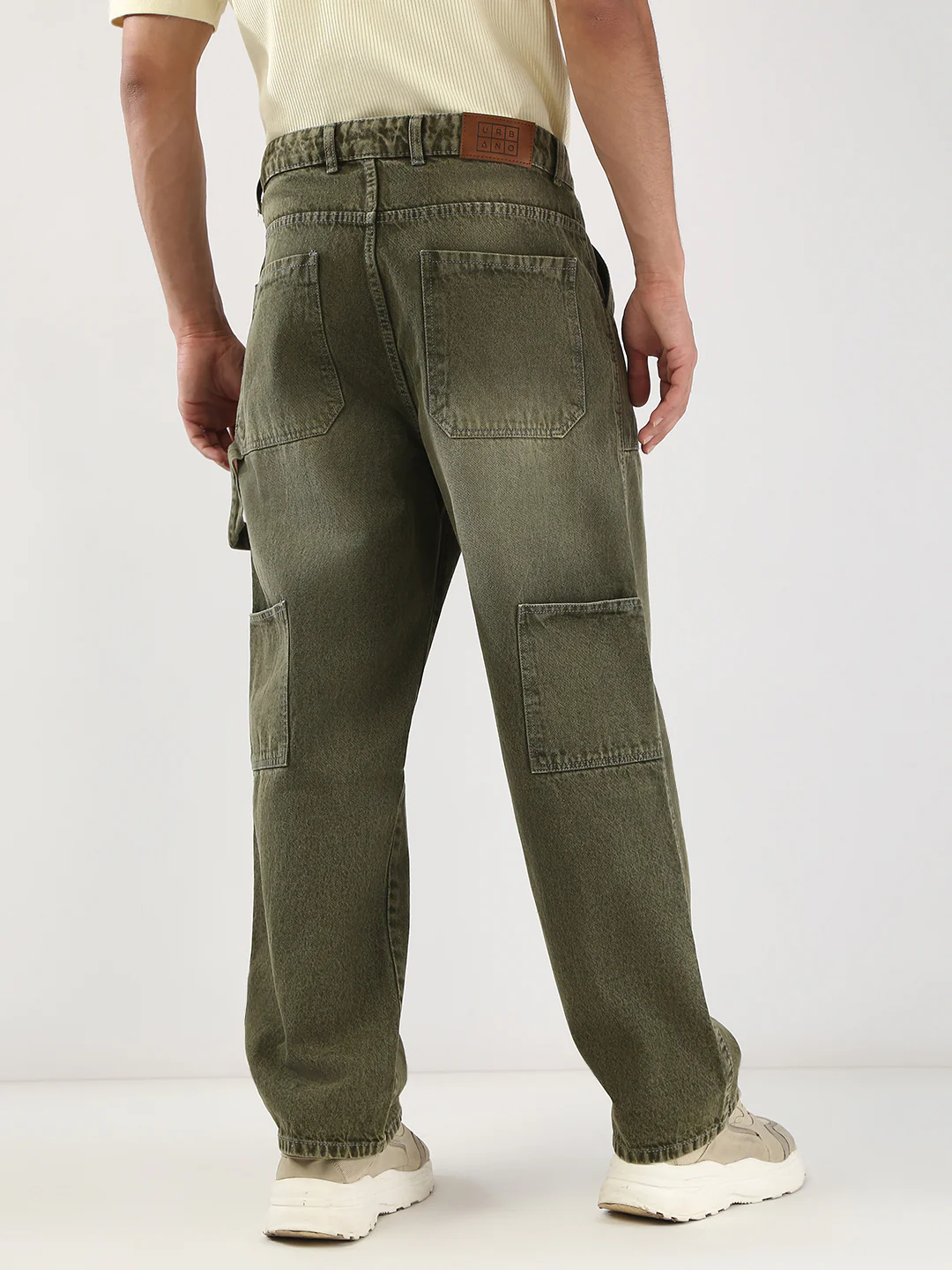 Men's Olive Loose Fit Cargo Carpenter Jeans With 6 Pockets Non-Stretchable - Image 3