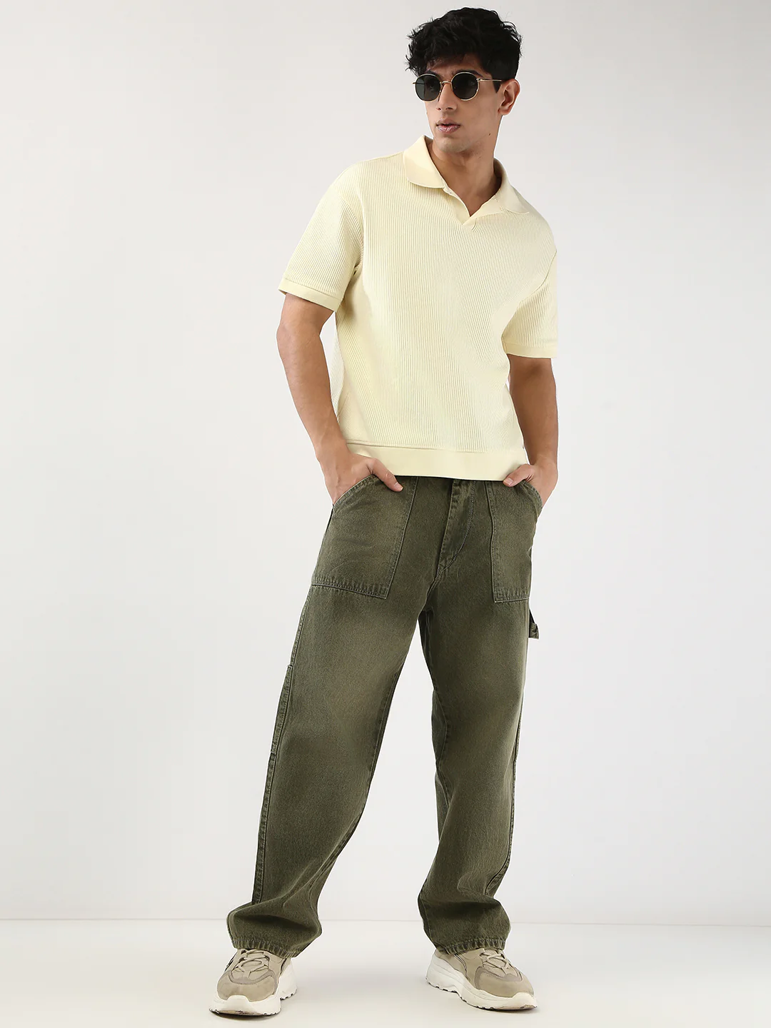 Men's Olive Loose Fit Cargo Carpenter Jeans With 6 Pockets Non-Stretchable - Image 4