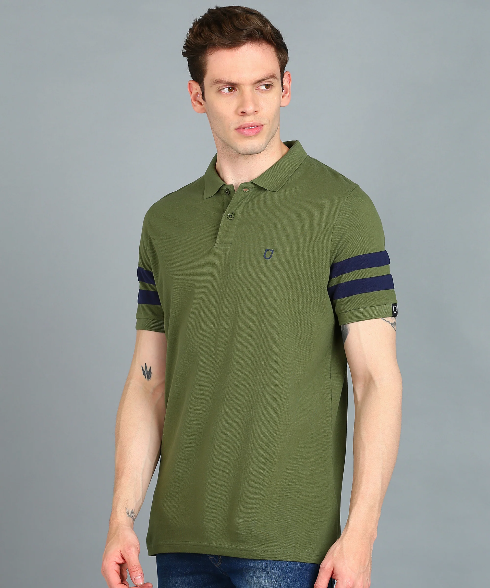 Men's Olive, Navy Blue Colour-Block Slim Fit Half Sleeve Cotton Polo T-Shirt - Image 2