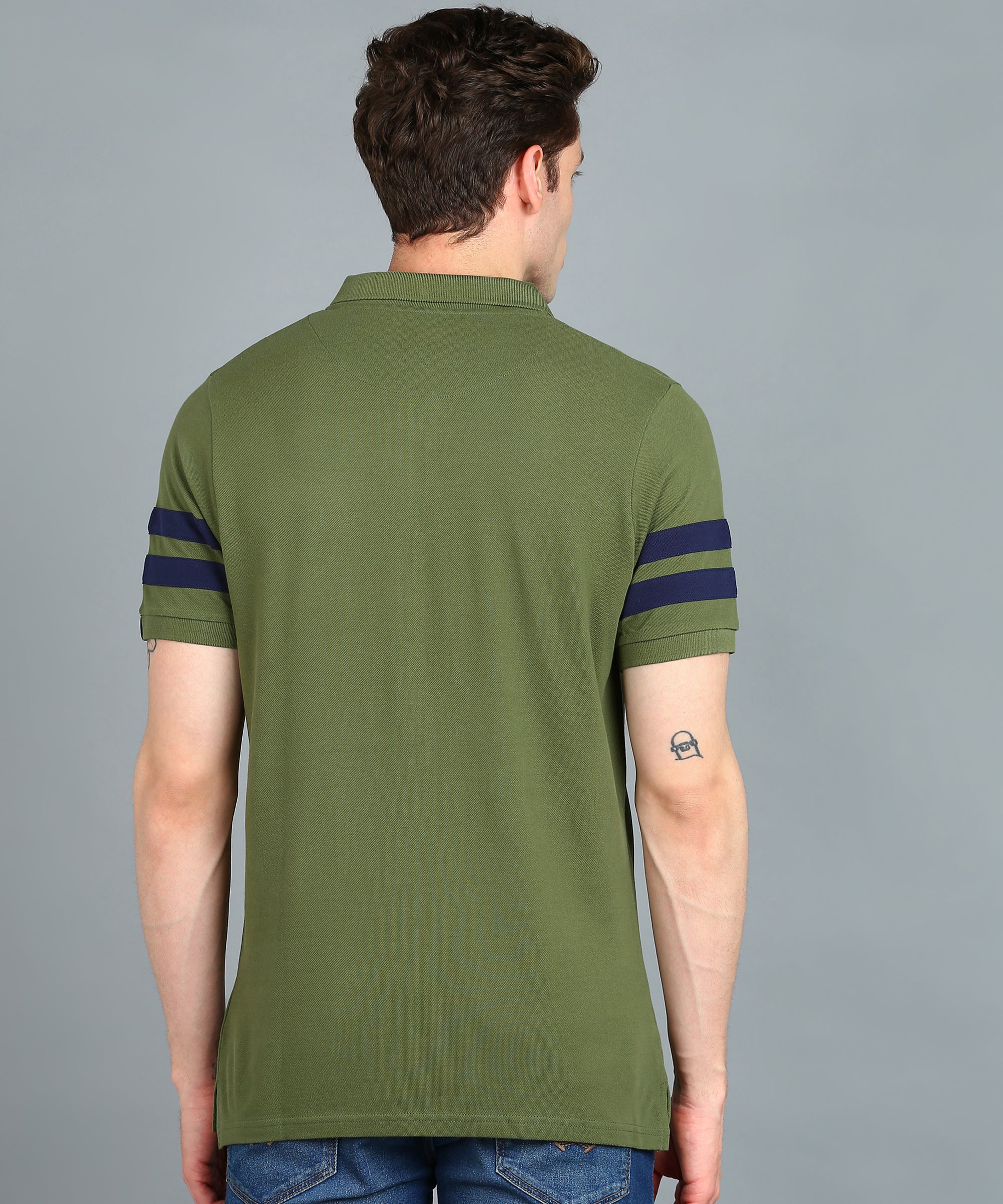 Men's Olive, Navy Blue Colour-Block Slim Fit Half Sleeve Cotton Polo T-Shirt - Image 3