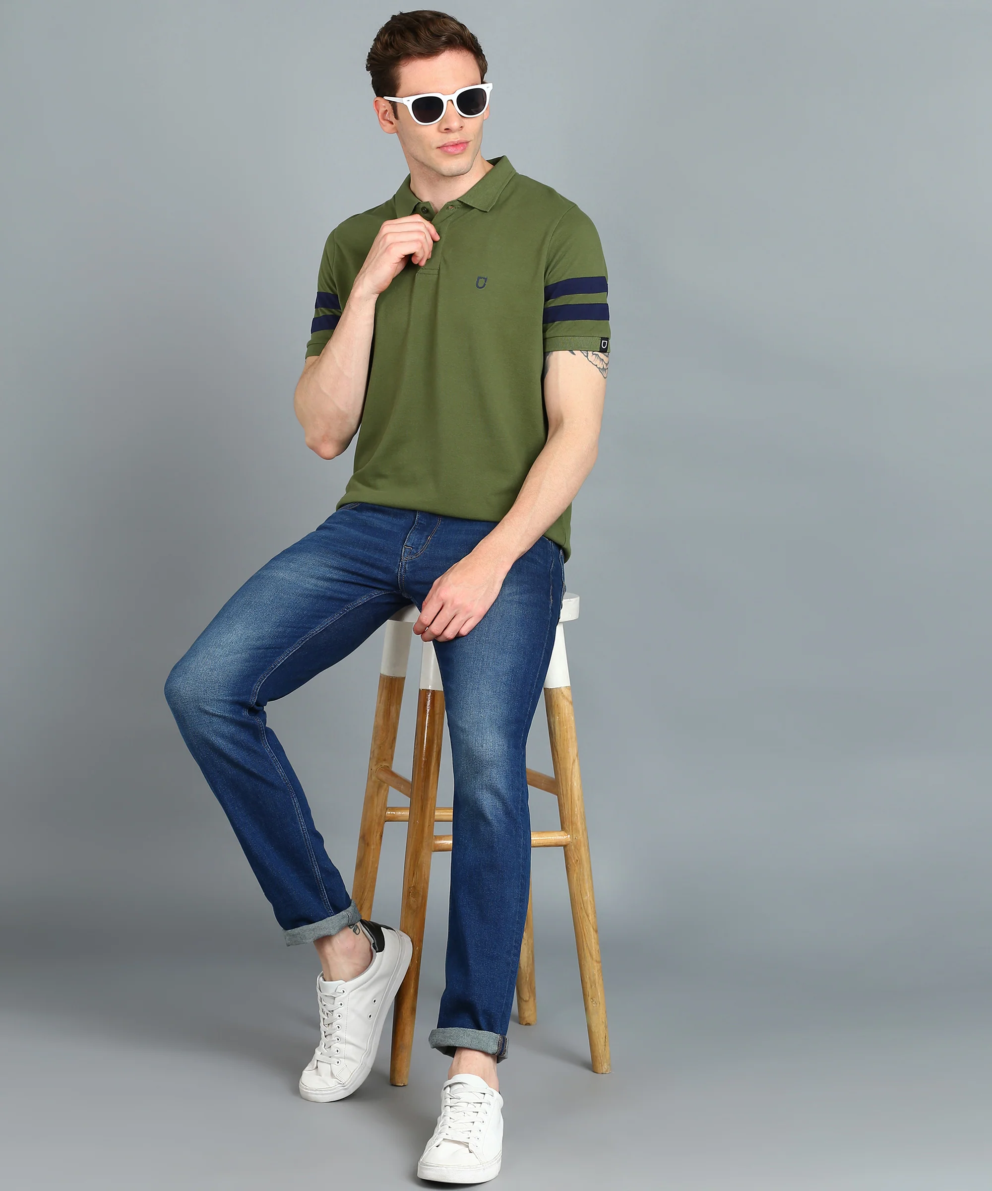 Men's Olive, Navy Blue Colour-Block Slim Fit Half Sleeve Cotton Polo T-Shirt - Image 4