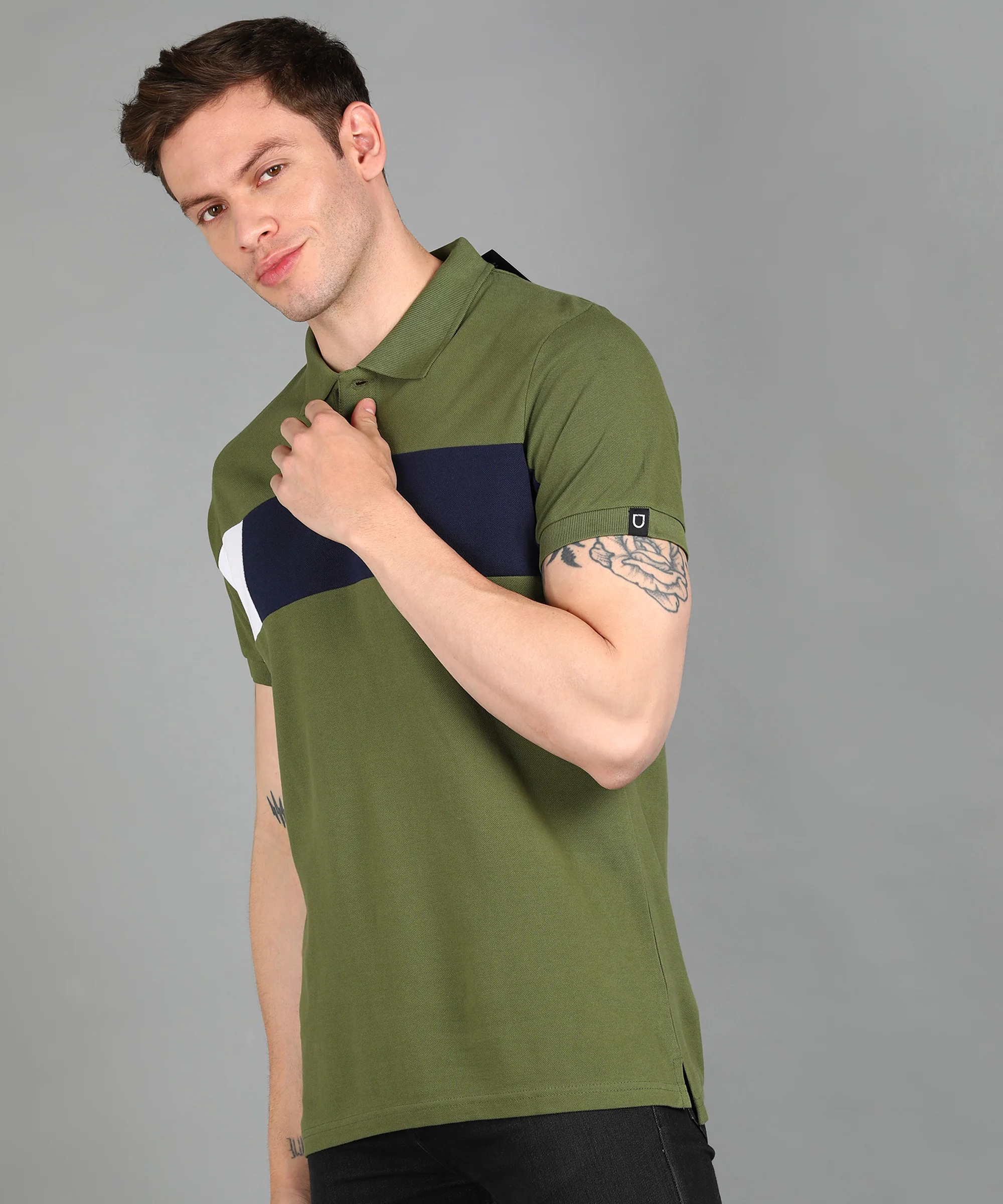 Men's Olive, Navy, White Colour-Block Slim Fit Half Sleeve Cotton Polo T-Shirt - Image 2