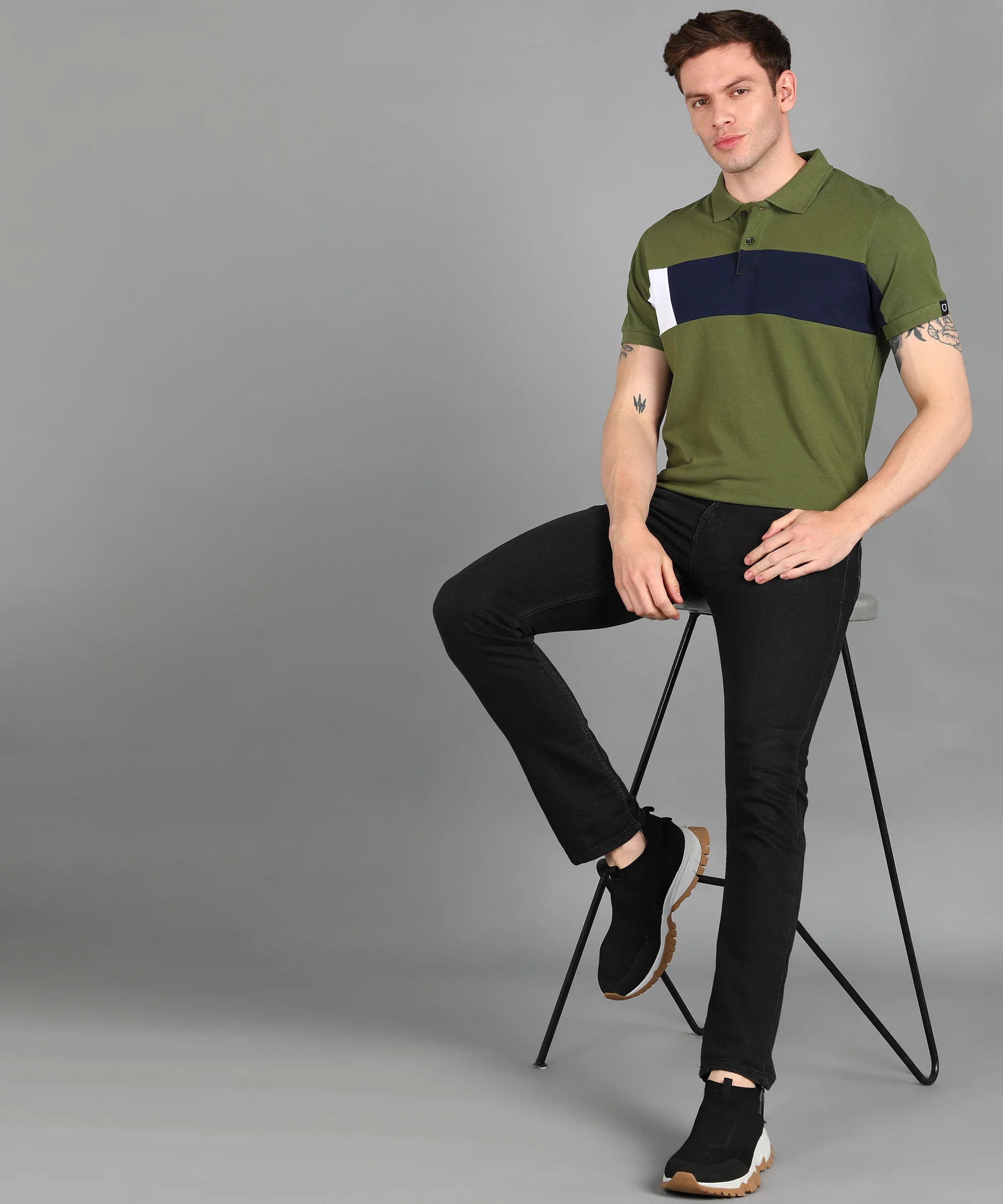 Men's Olive, Navy, White Colour-Block Slim Fit Half Sleeve Cotton Polo T-Shirt - Image 4