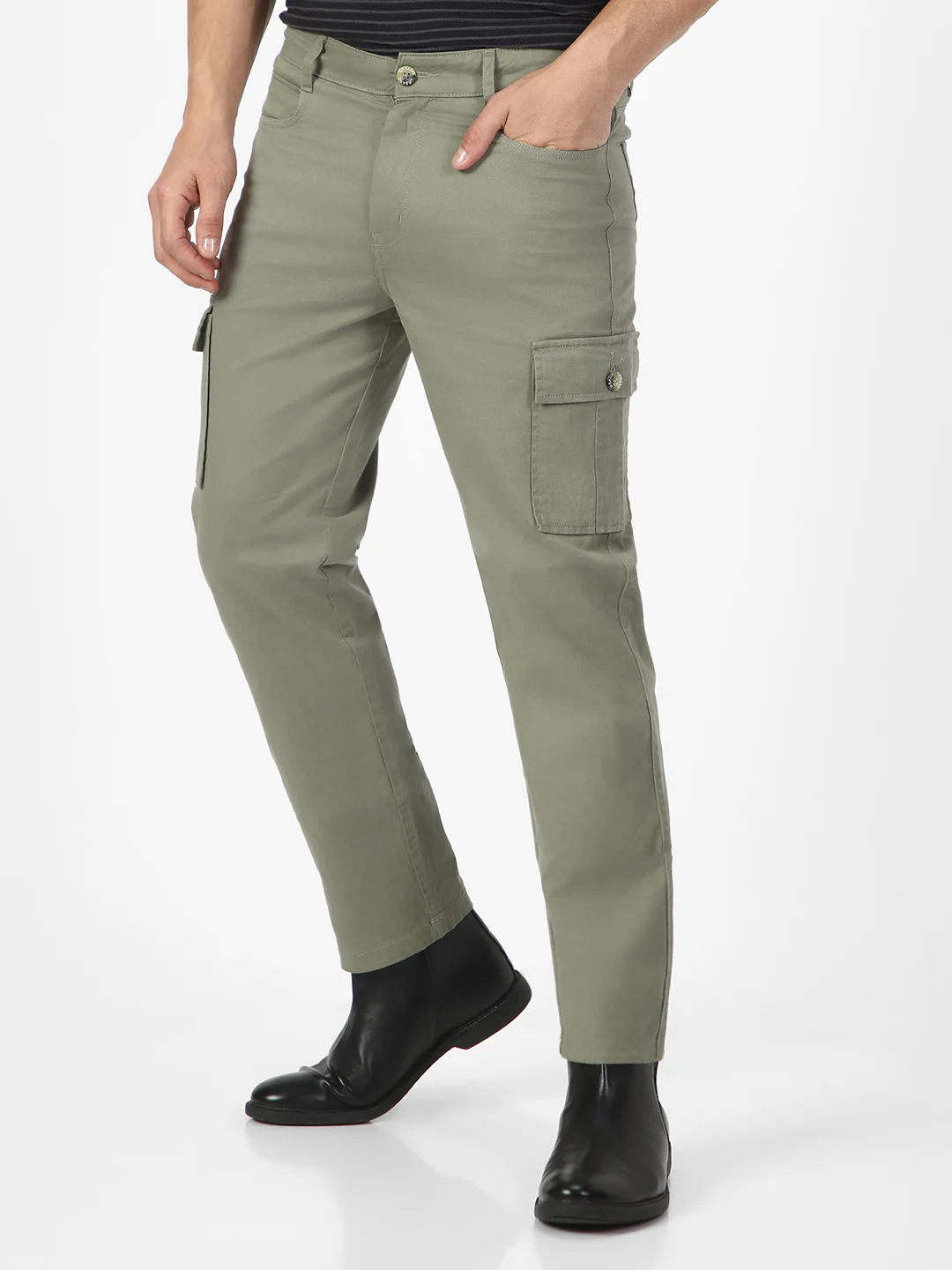 Men's Olive Regular Fit Solid Cargo Chino Pant with 6 Pockets Stretchable - Image 2