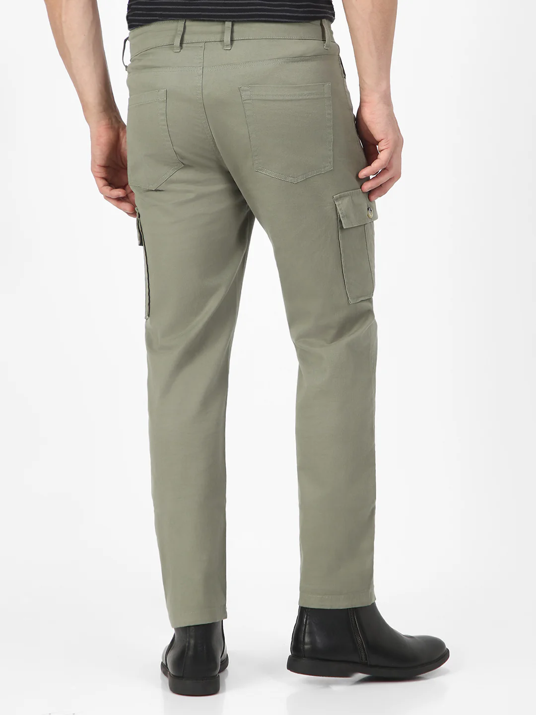 Men's Olive Regular Fit Solid Cargo Chino Pant with 6 Pockets Stretchable - Image 3
