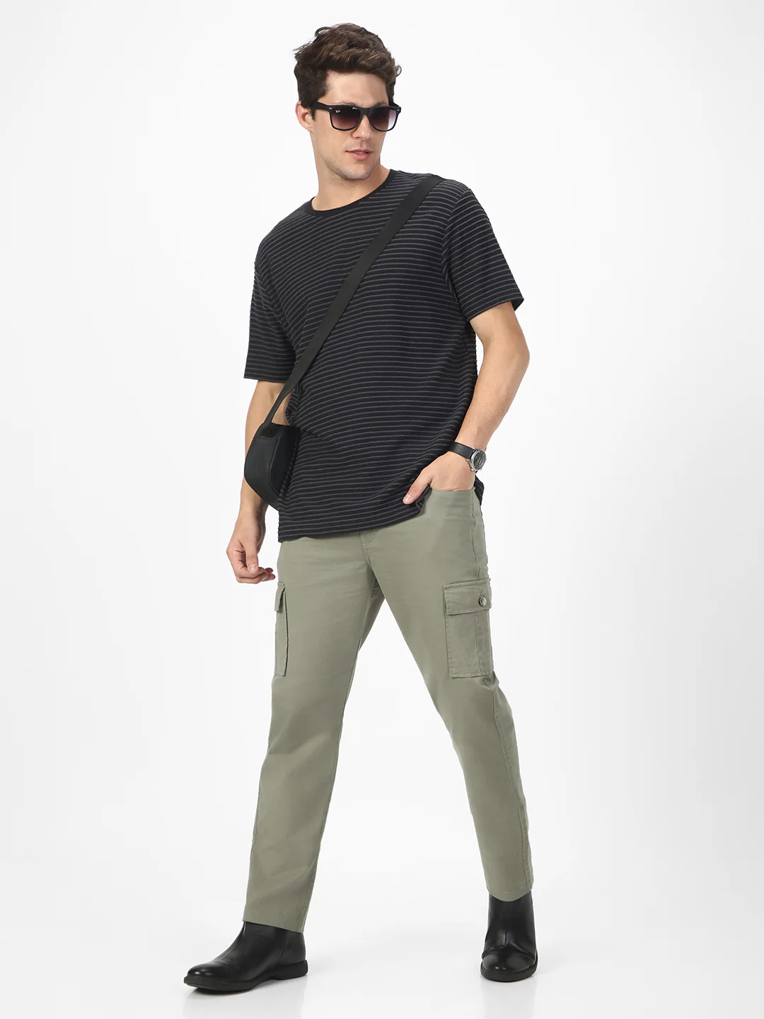 Men's Olive Regular Fit Solid Cargo Chino Pant with 6 Pockets Stretchable - Image 4