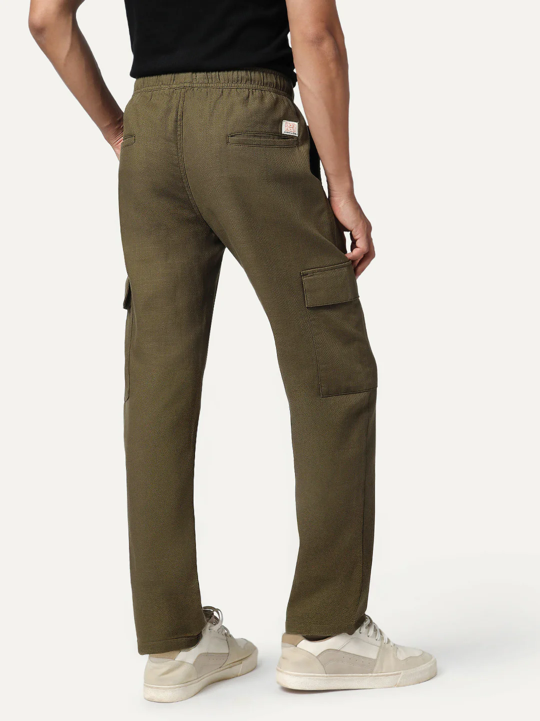 Men's Olive Straight Fit Linen Cargo Pants with 6 Pockets - Image 3