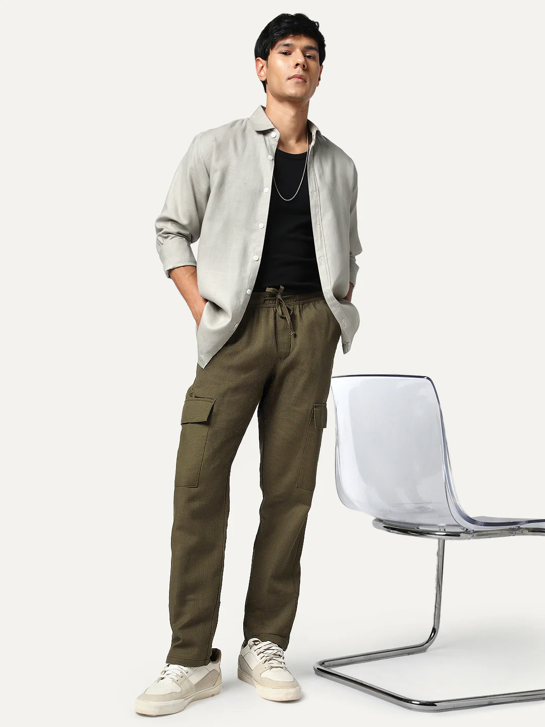 Men's Olive Straight Fit Linen Cargo Pants with 6 Pockets - Image 4