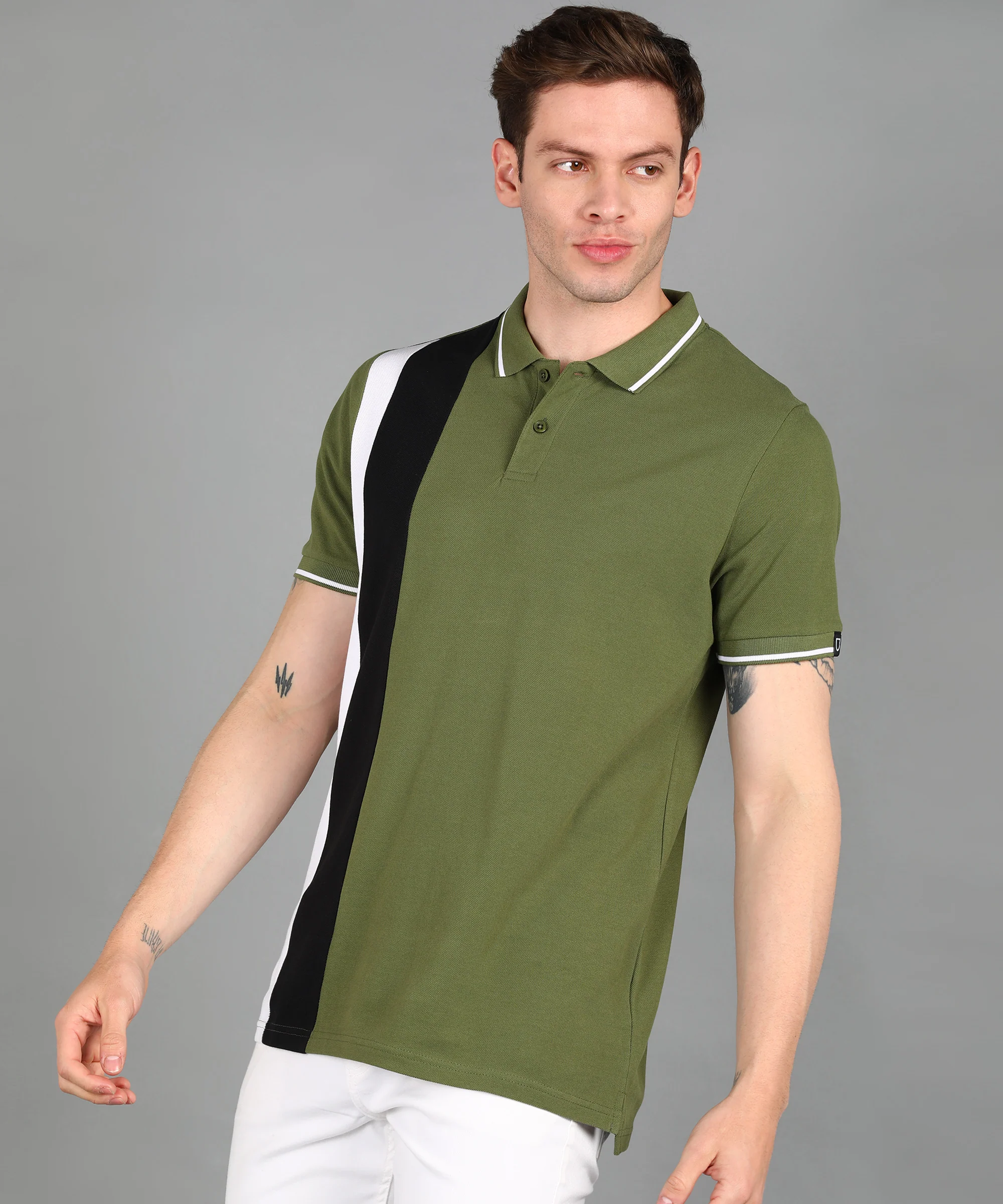 Men's Olive, White, Black Colour-Block Slim Fit Half Sleeve Cotton Polo T-Shirt - Image 2