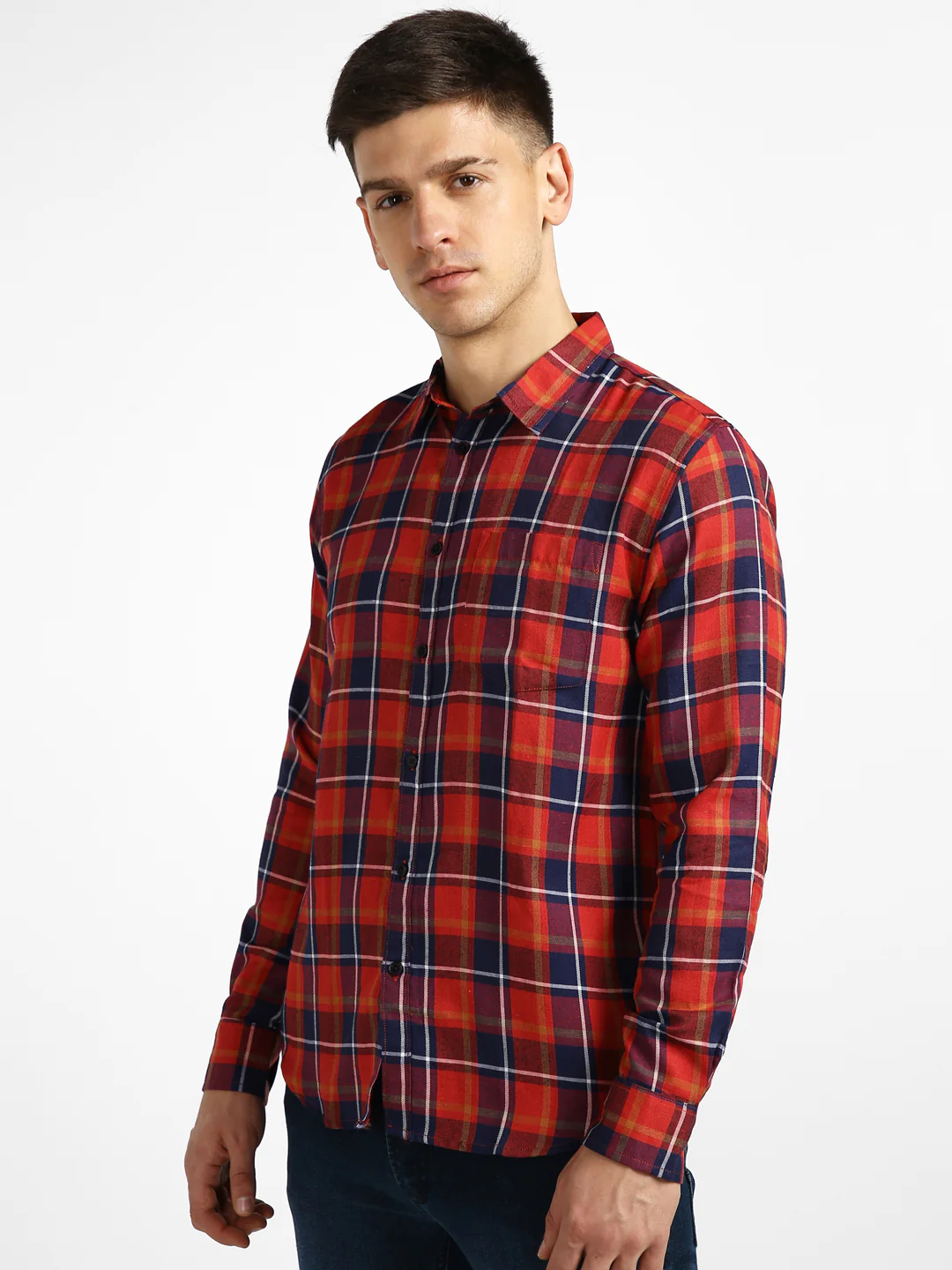 Men's Orange Cotton Full Sleeve Slim Fit Casual Checkered Shirt - Image 2