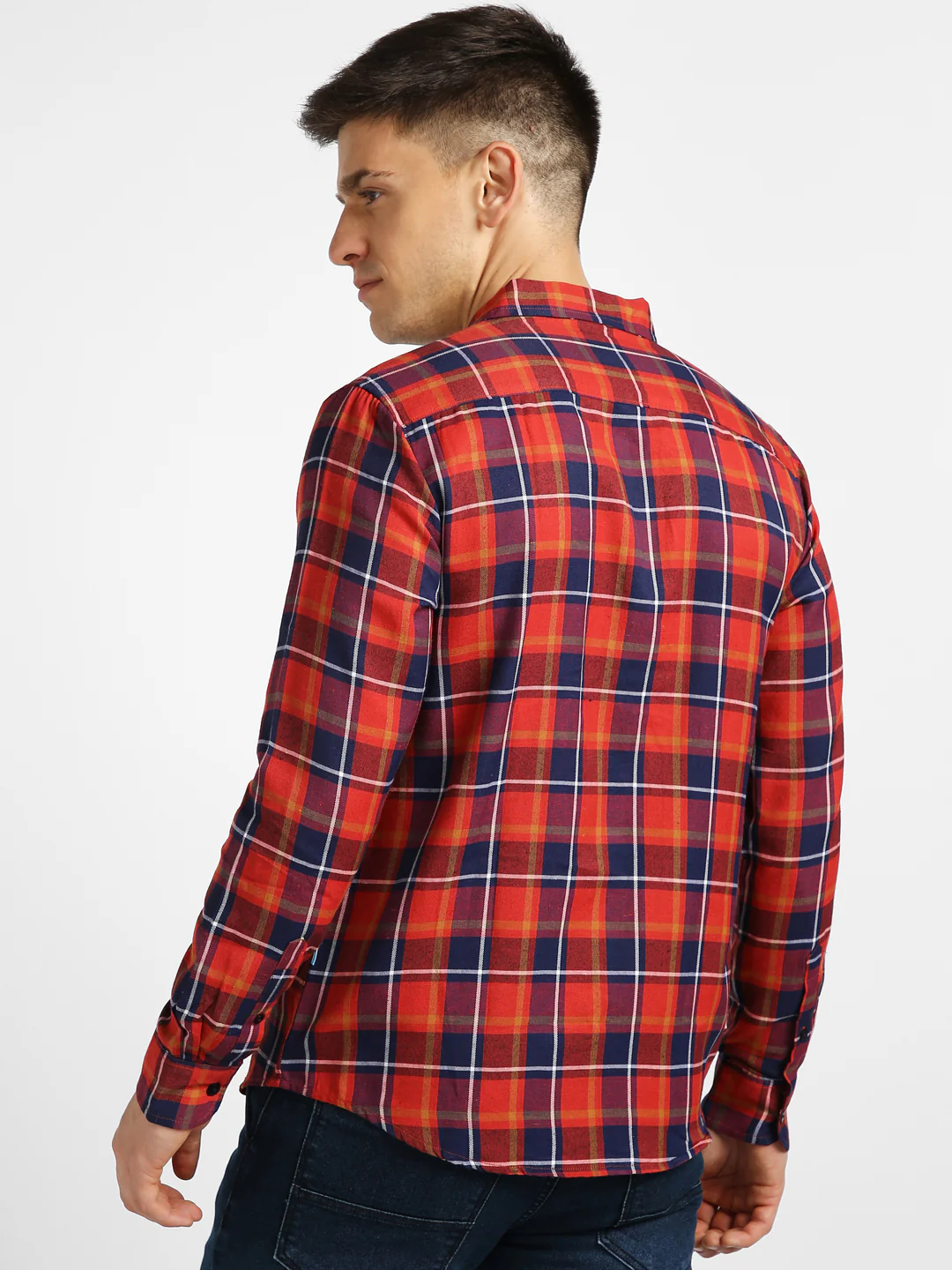 Men's Orange Cotton Full Sleeve Slim Fit Casual Checkered Shirt - Image 3