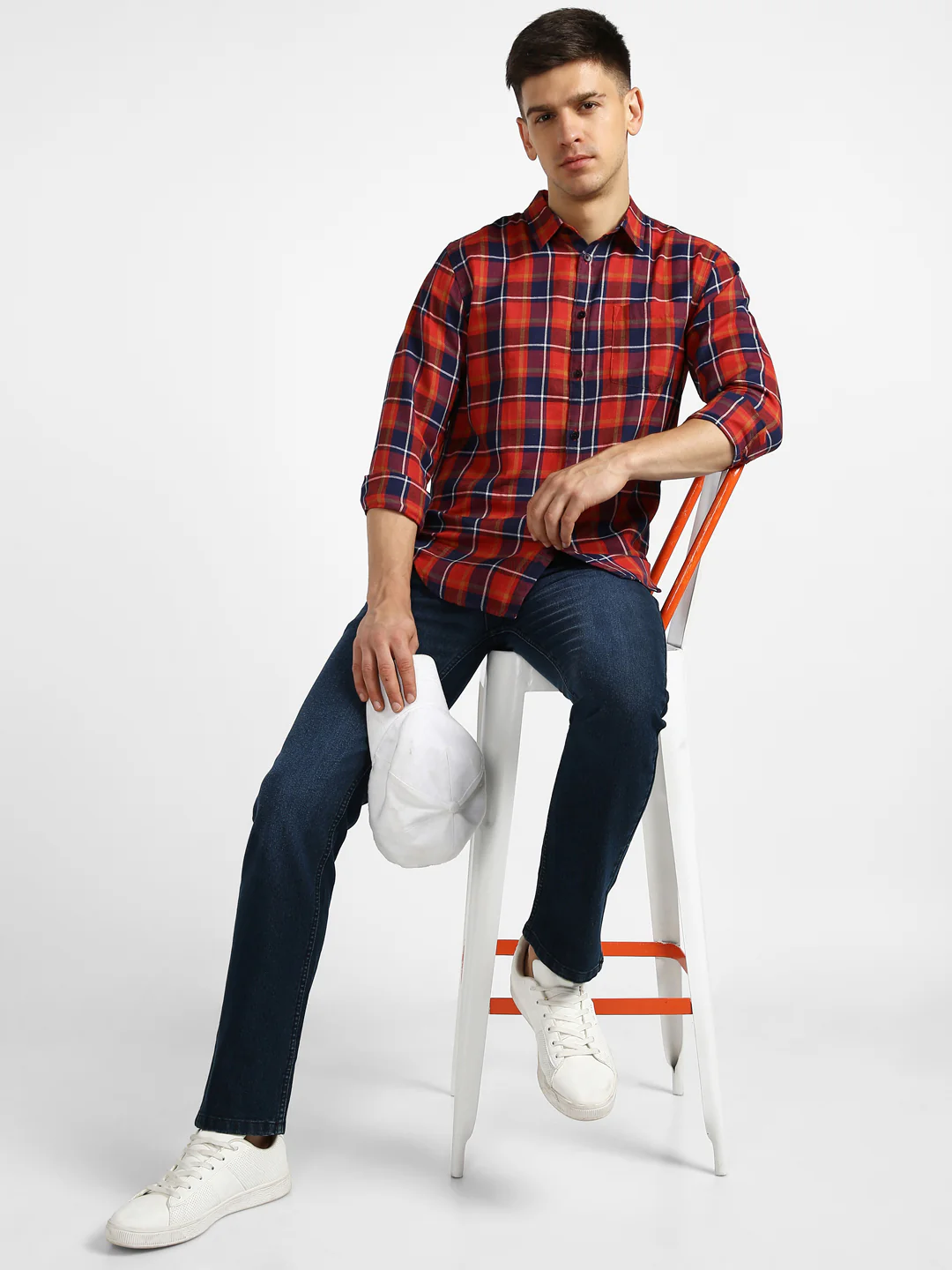 Men's Orange Cotton Full Sleeve Slim Fit Casual Checkered Shirt - Image 4