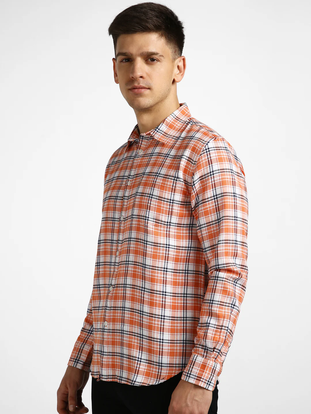 Men's Orange Cotton Full Sleeve Slim Fit Casual Checkered Shirt - Image 2