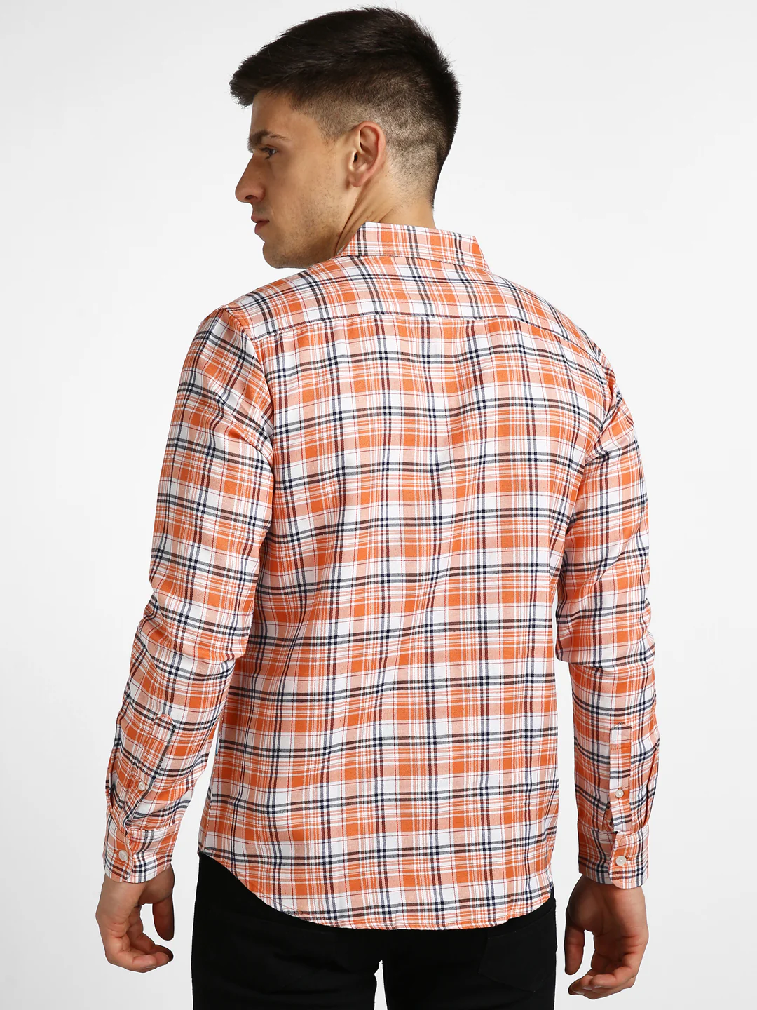 Men's Orange Cotton Full Sleeve Slim Fit Casual Checkered Shirt - Image 3