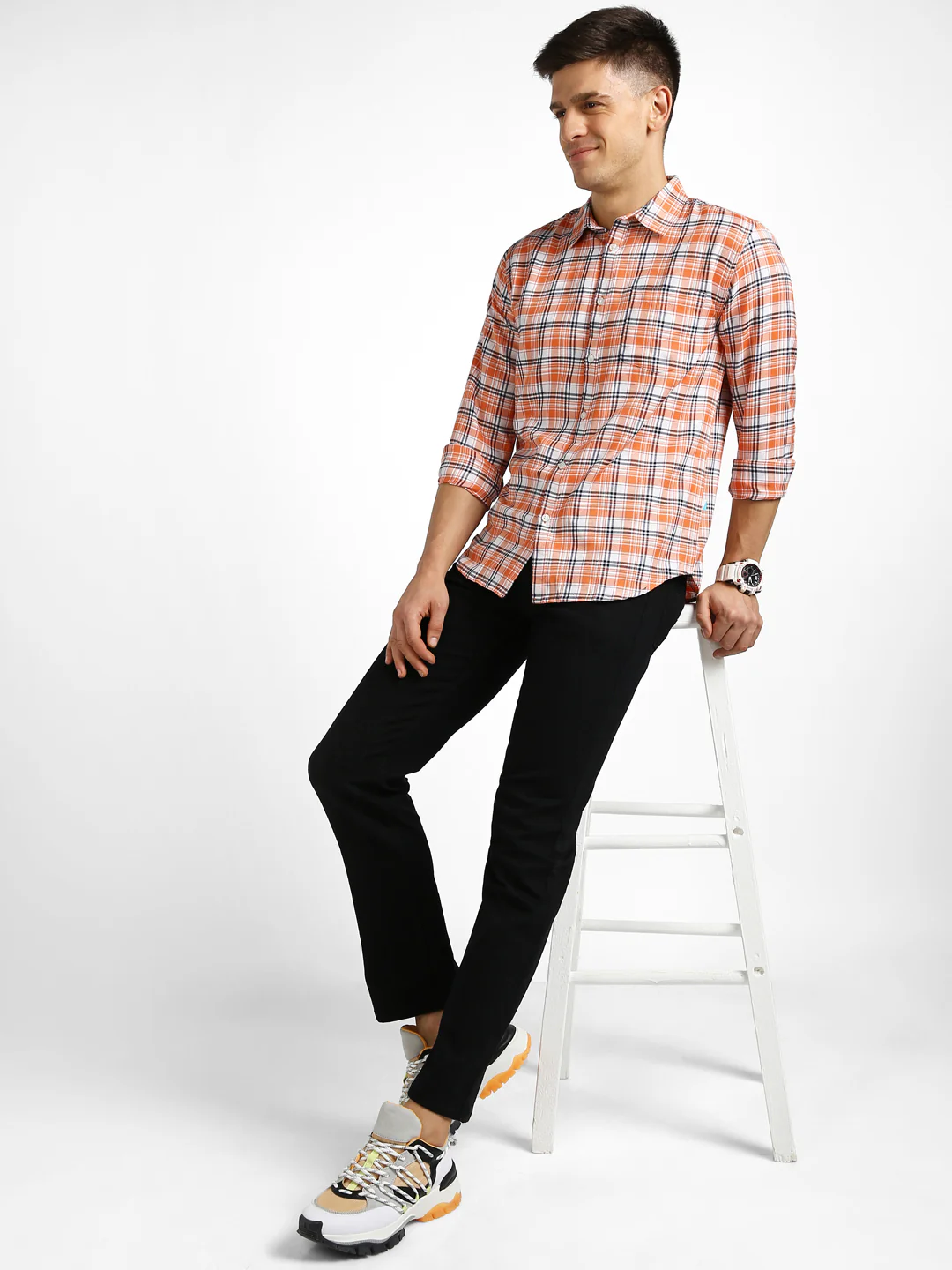 Men's Orange Cotton Full Sleeve Slim Fit Casual Checkered Shirt - Image 4