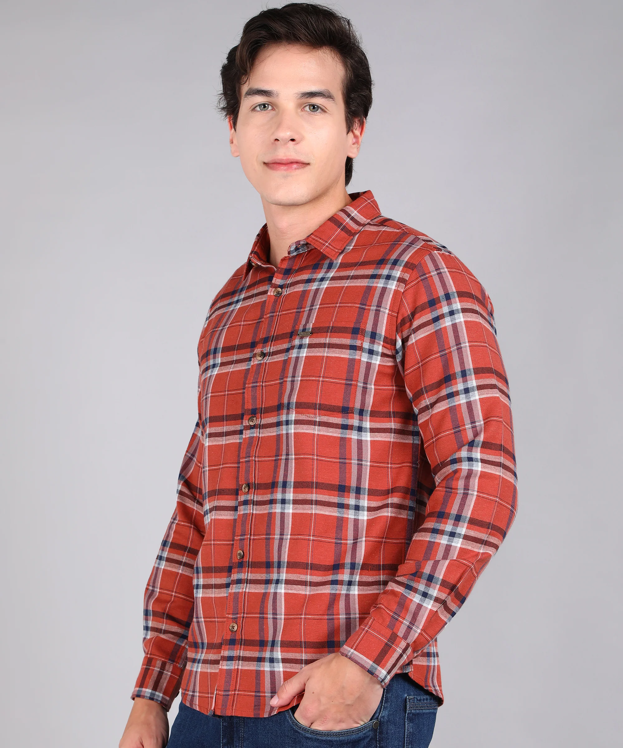 Men's Orange Cotton Full Sleeve Slim Fit Casual Checkered Shirt - Image 2