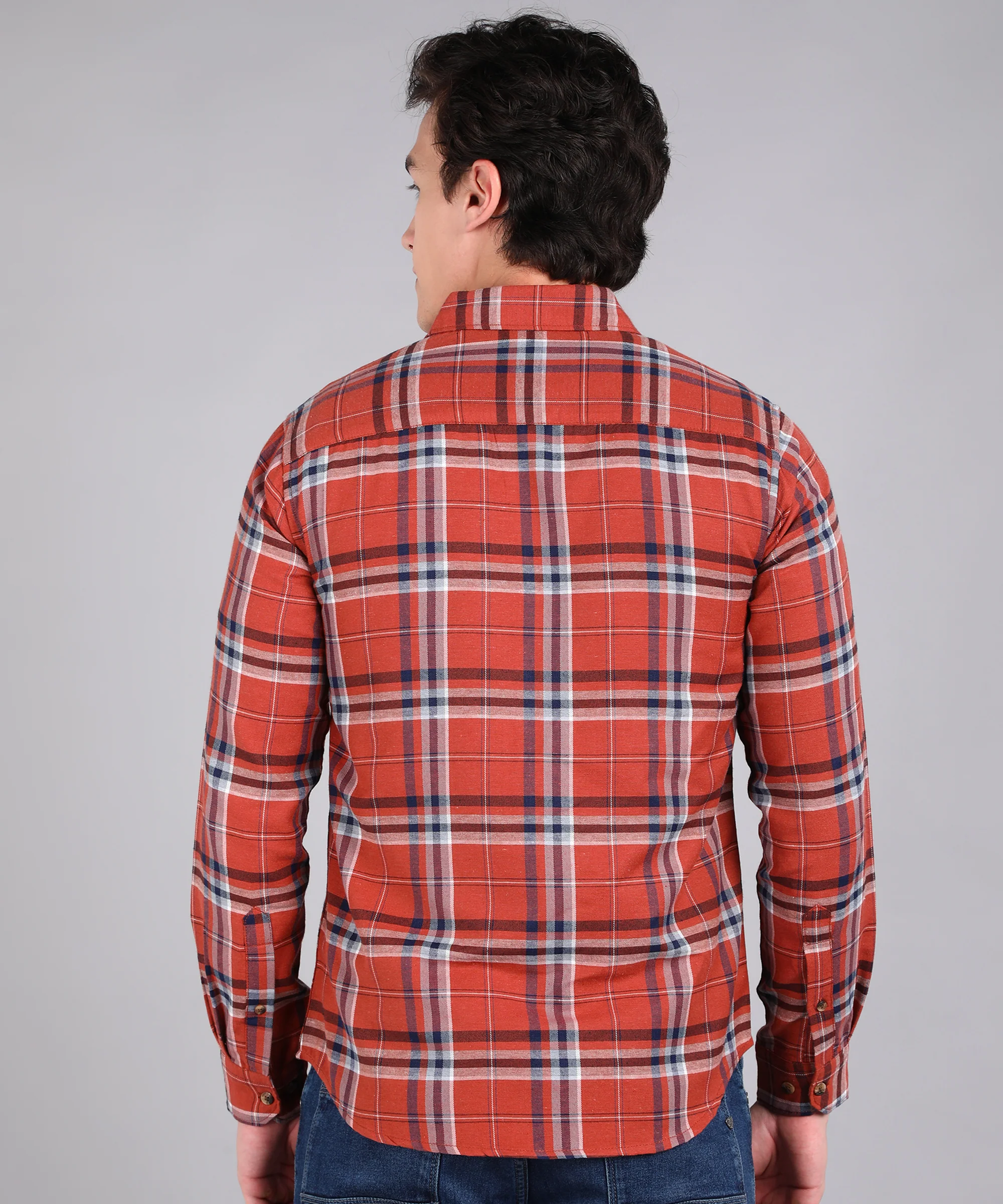 Men's Orange Cotton Full Sleeve Slim Fit Casual Checkered Shirt - Image 3