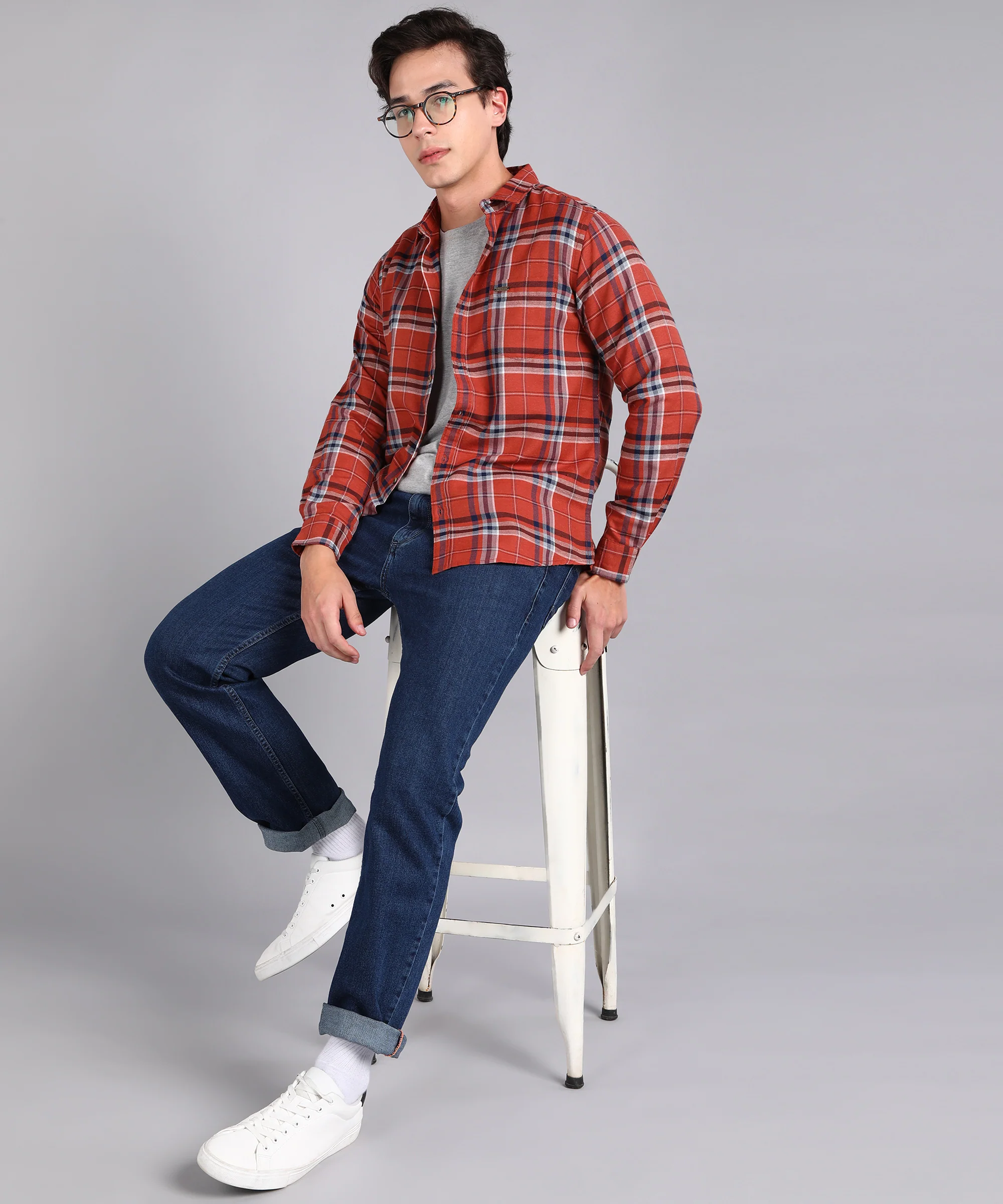 Men's Orange Cotton Full Sleeve Slim Fit Casual Checkered Shirt - Image 4