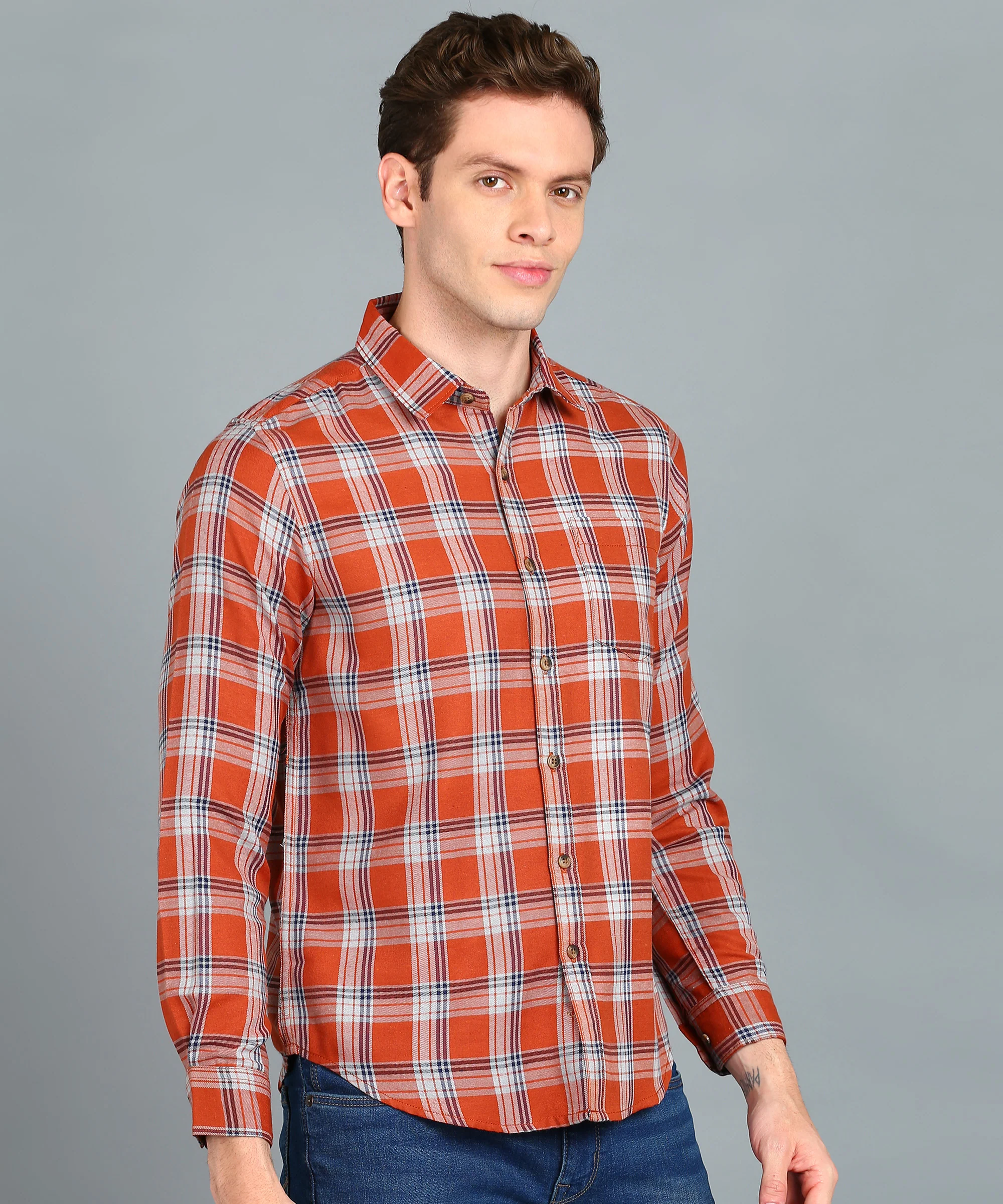 Men's Orange Cotton Full Sleeve Slim Fit Casual Checkered Shirt - Image 2