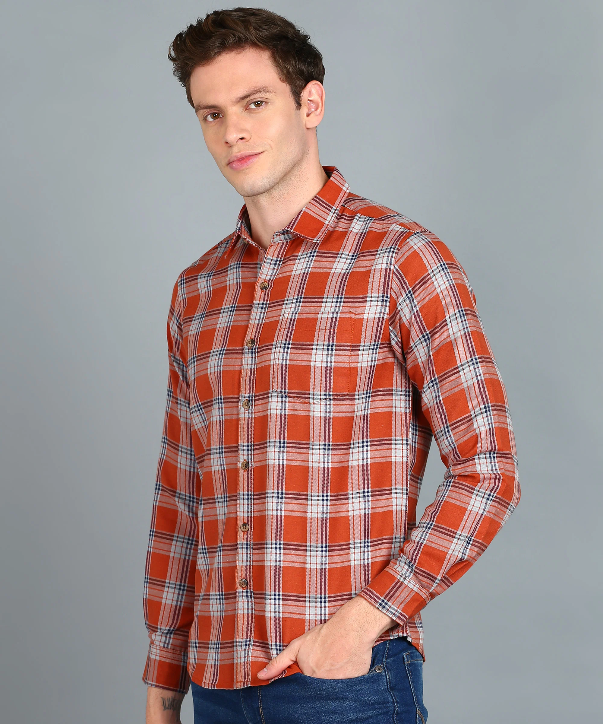 Men's Orange Cotton Full Sleeve Slim Fit Casual Checkered Shirt - Image 3