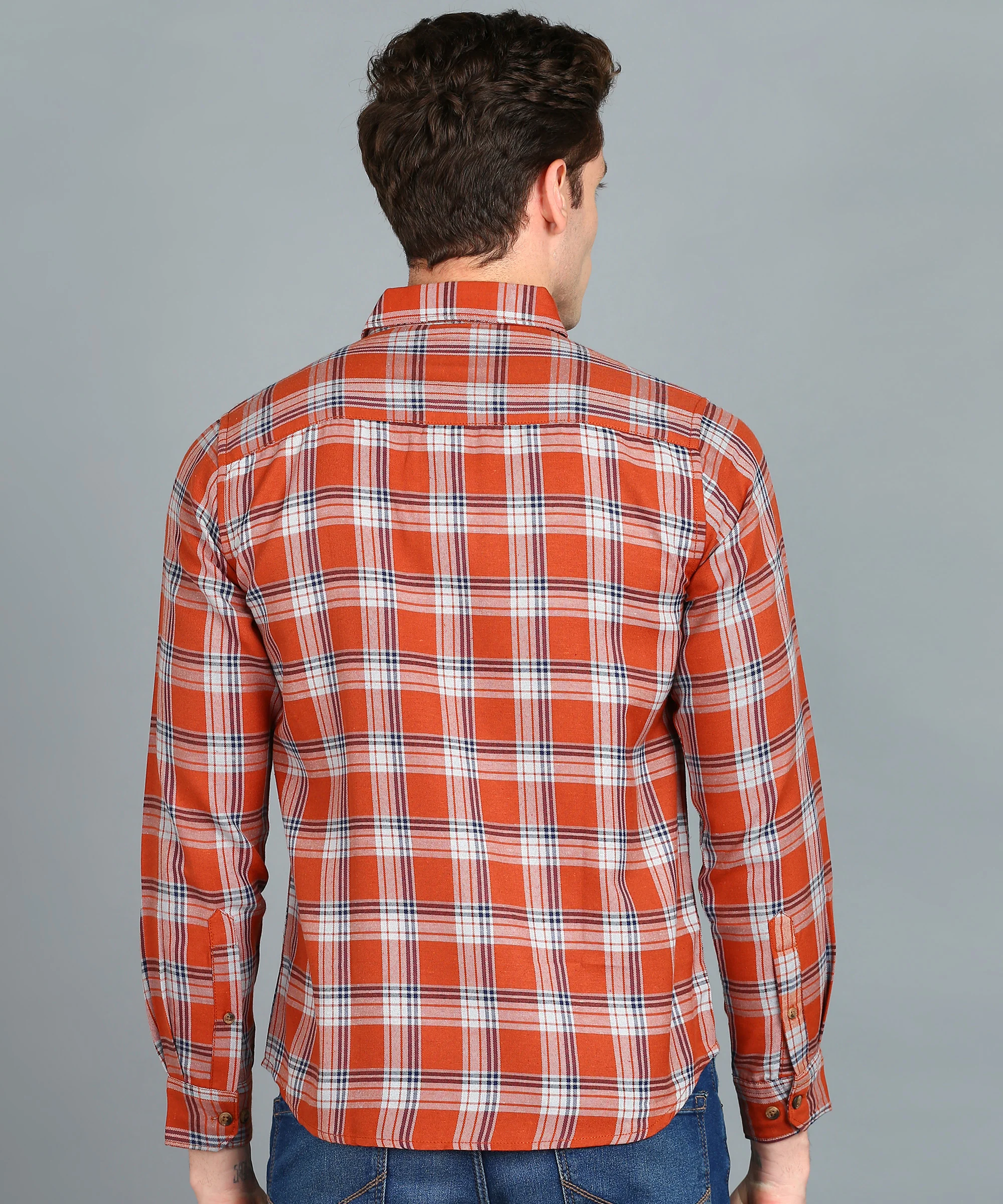 Men's Orange Cotton Full Sleeve Slim Fit Casual Checkered Shirt - Image 4