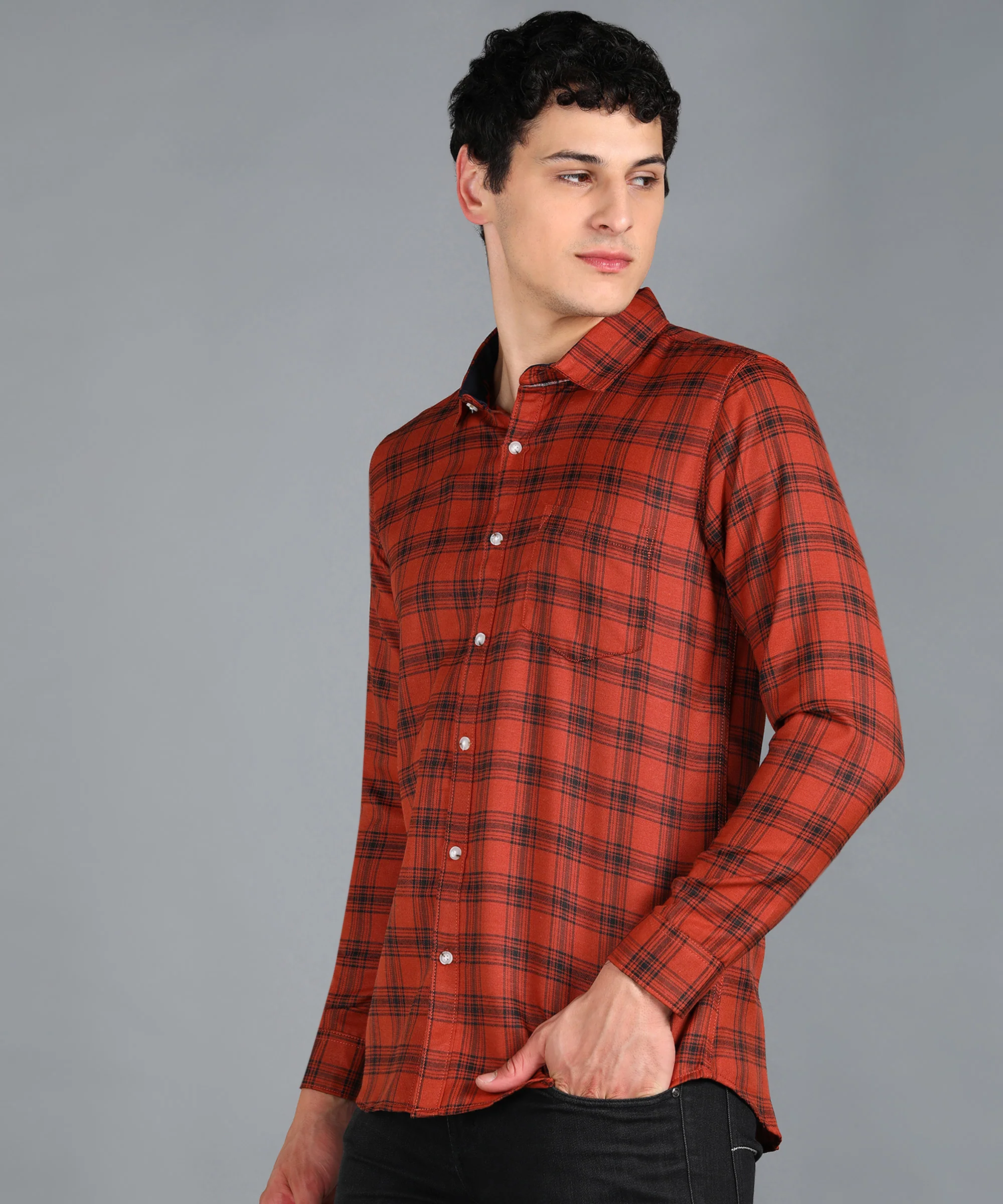 Men's Orange Cotton Full Sleeve Slim Fit Casual Checkered Shirt - Image 2