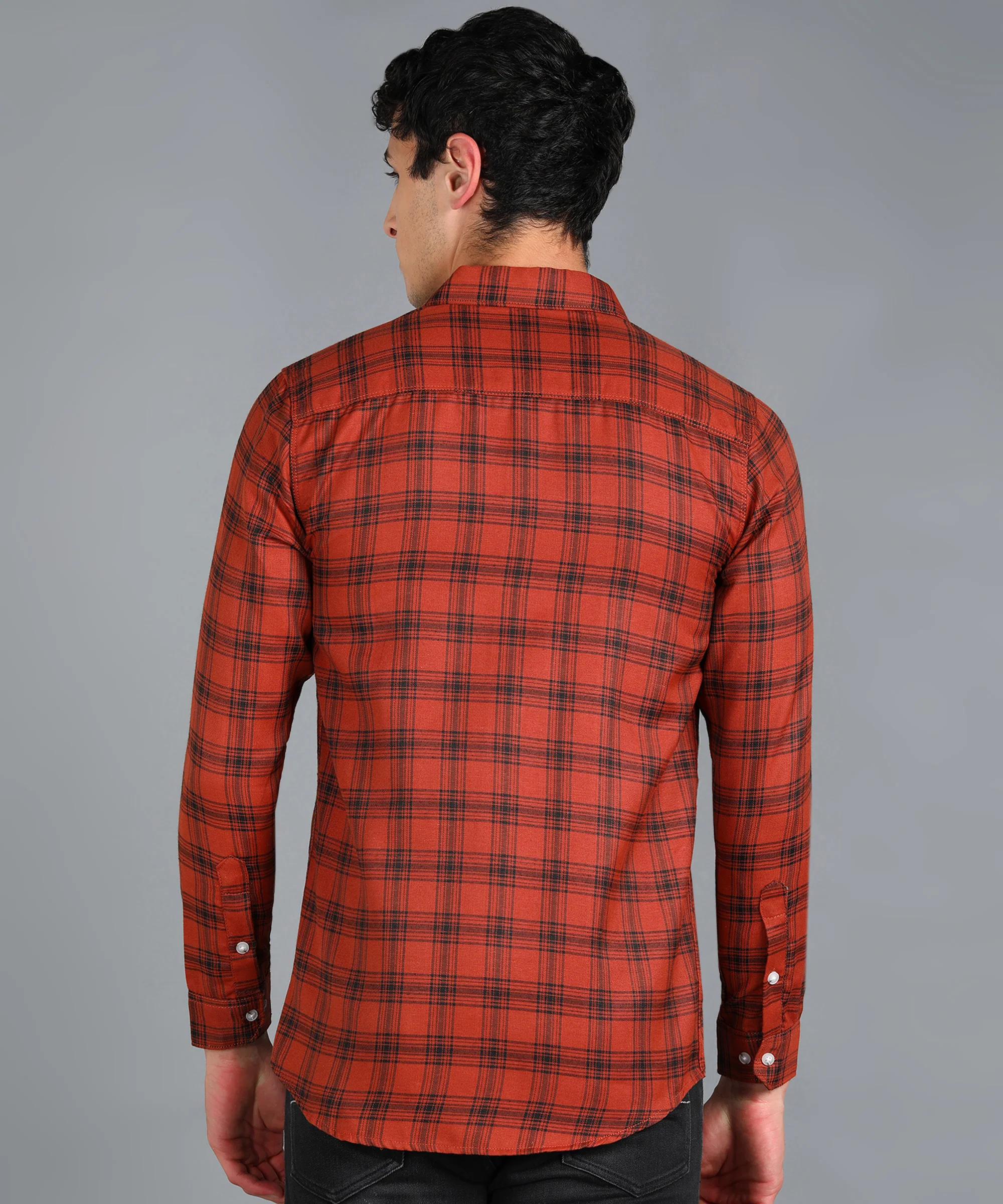 Men's Orange Cotton Full Sleeve Slim Fit Casual Checkered Shirt - Image 3