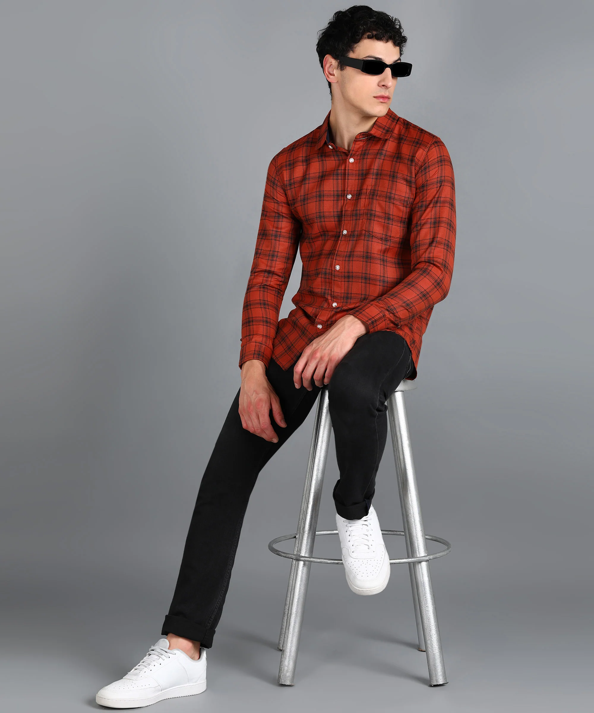 Men's Orange Cotton Full Sleeve Slim Fit Casual Checkered Shirt - Image 4