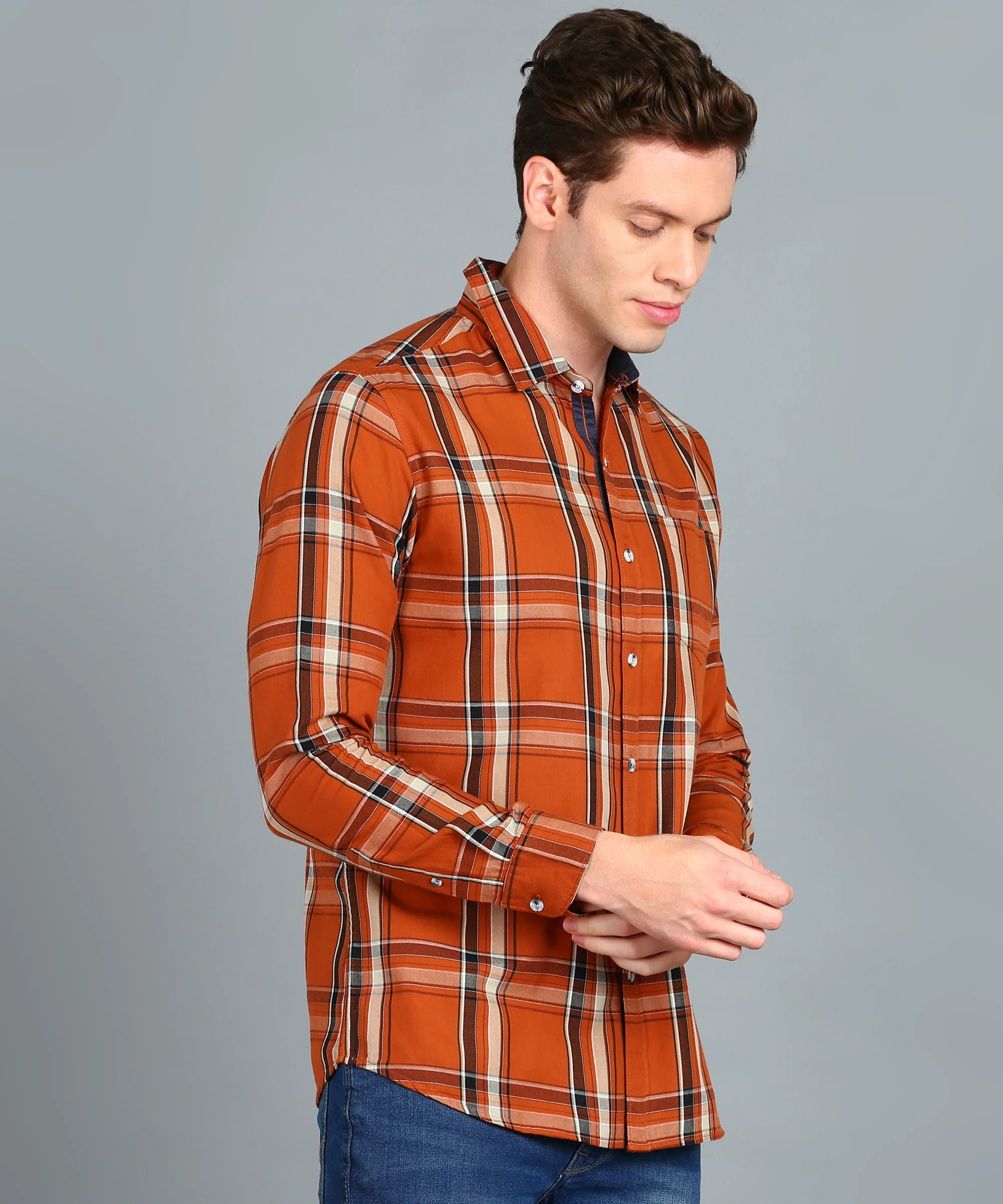 Men's Orange Cotton Full Sleeve Slim Fit Casual Checkered Shirt - Image 2