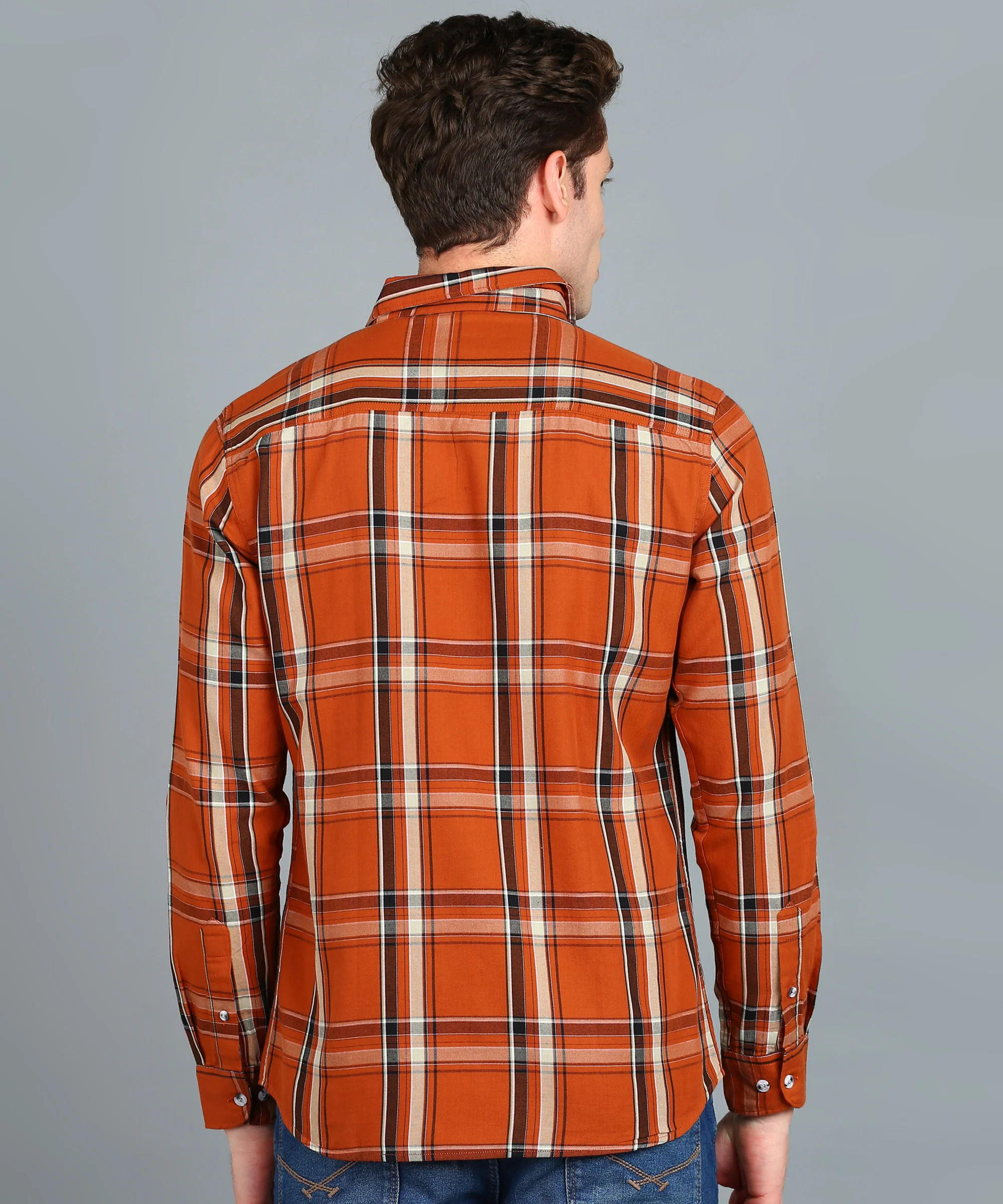 Men's Orange Cotton Full Sleeve Slim Fit Casual Checkered Shirt - Image 3