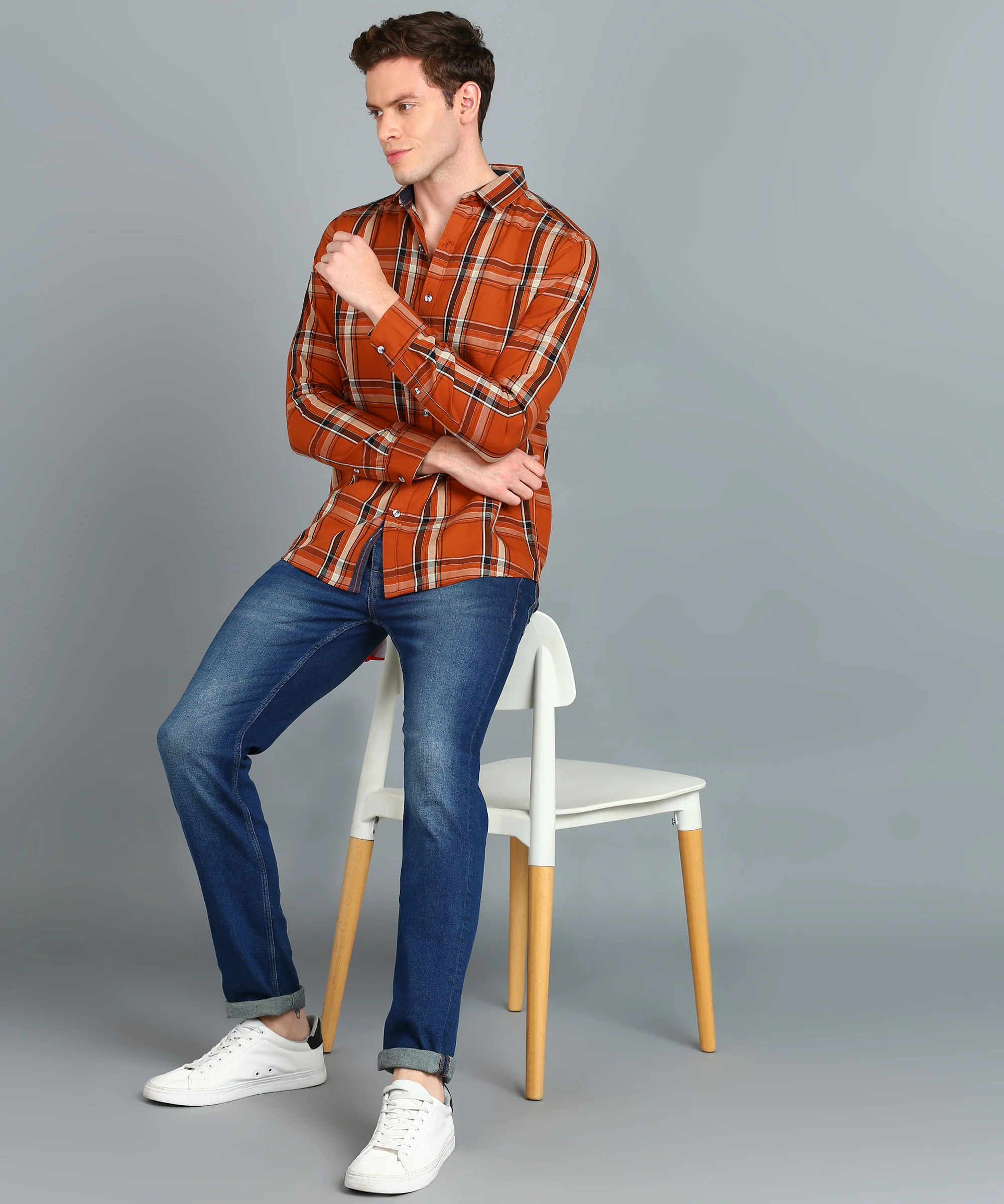Men's Orange Cotton Full Sleeve Slim Fit Casual Checkered Shirt - Image 4