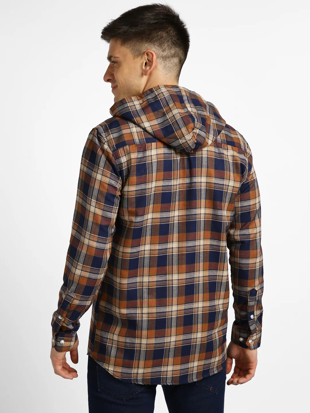 Men's Orange Cotton Full Sleeve Slim Fit Casual Checkered Shirt with Hooded Collar - Image 3