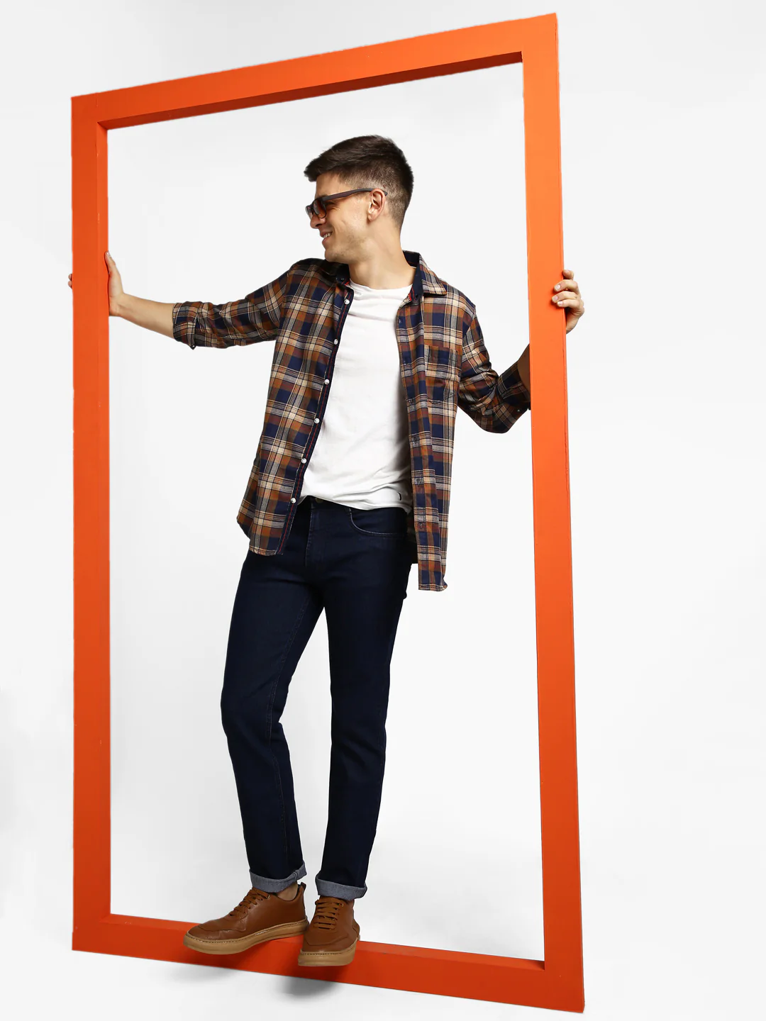 Men's Orange Cotton Full Sleeve Slim Fit Casual Checkered Shirt with Hooded Collar - Image 4