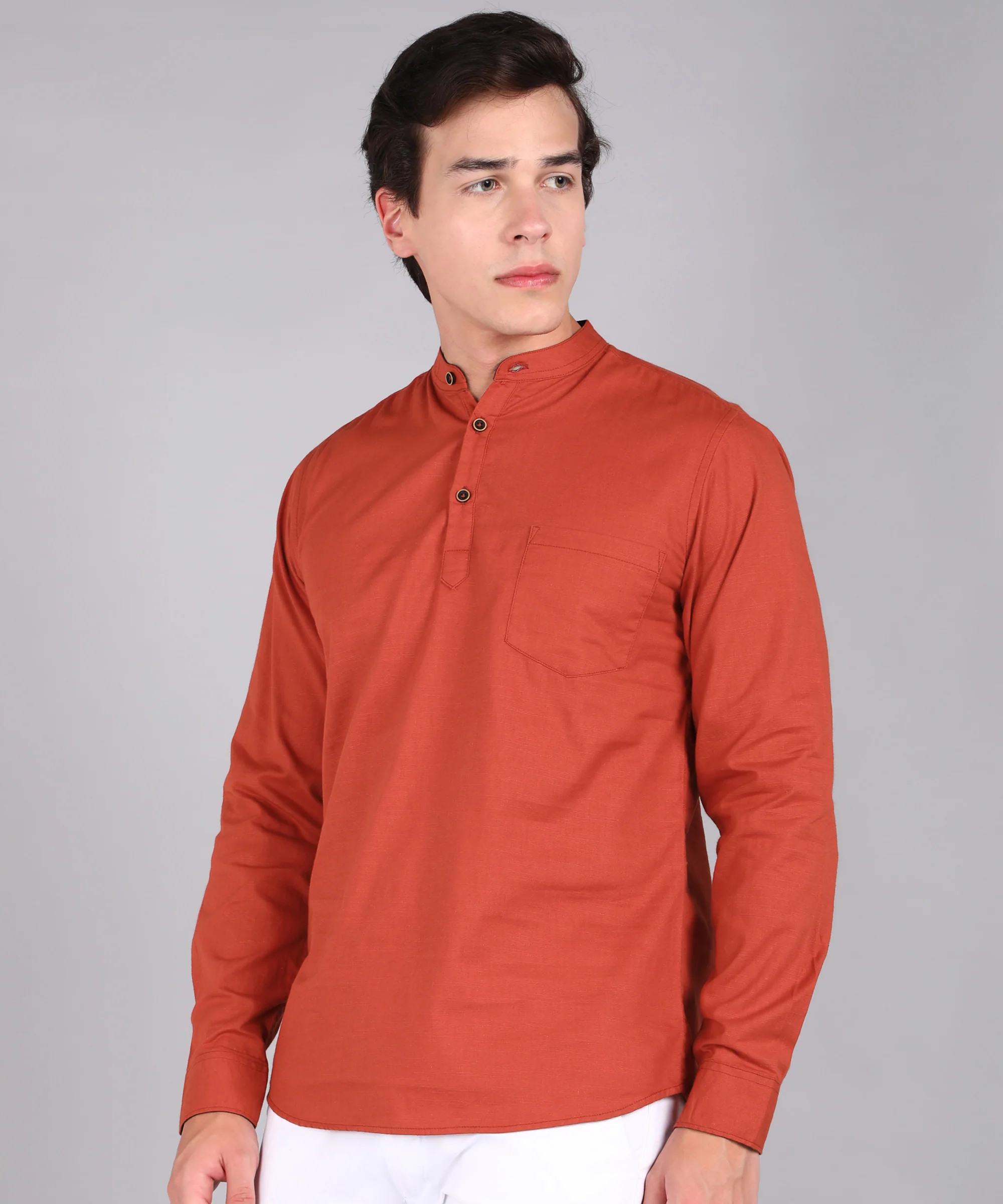 Men's Orange Cotton Full Sleeve Slim Fit Solid Shirt with Mandarin Collar - Image 2