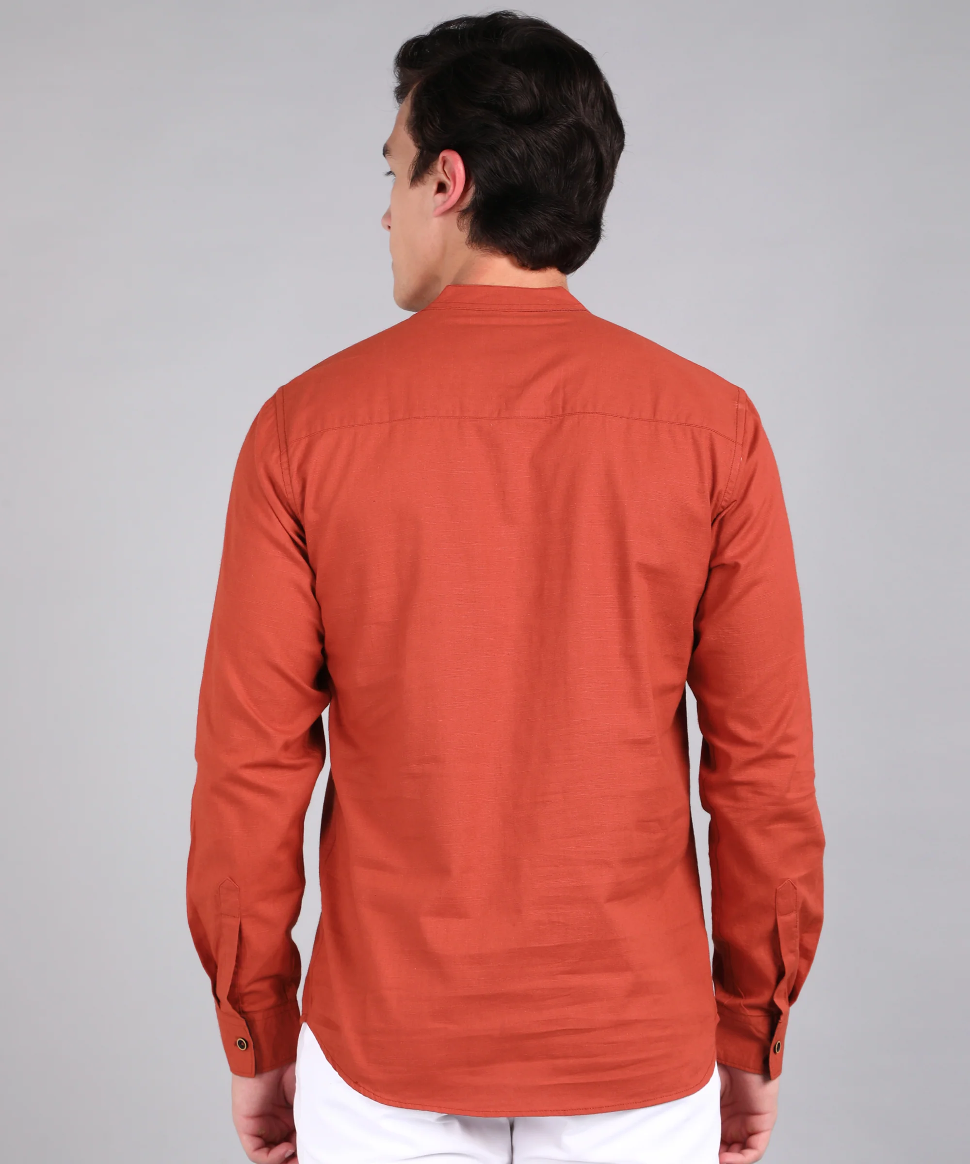 Men's Orange Cotton Full Sleeve Slim Fit Solid Shirt with Mandarin Collar - Image 3