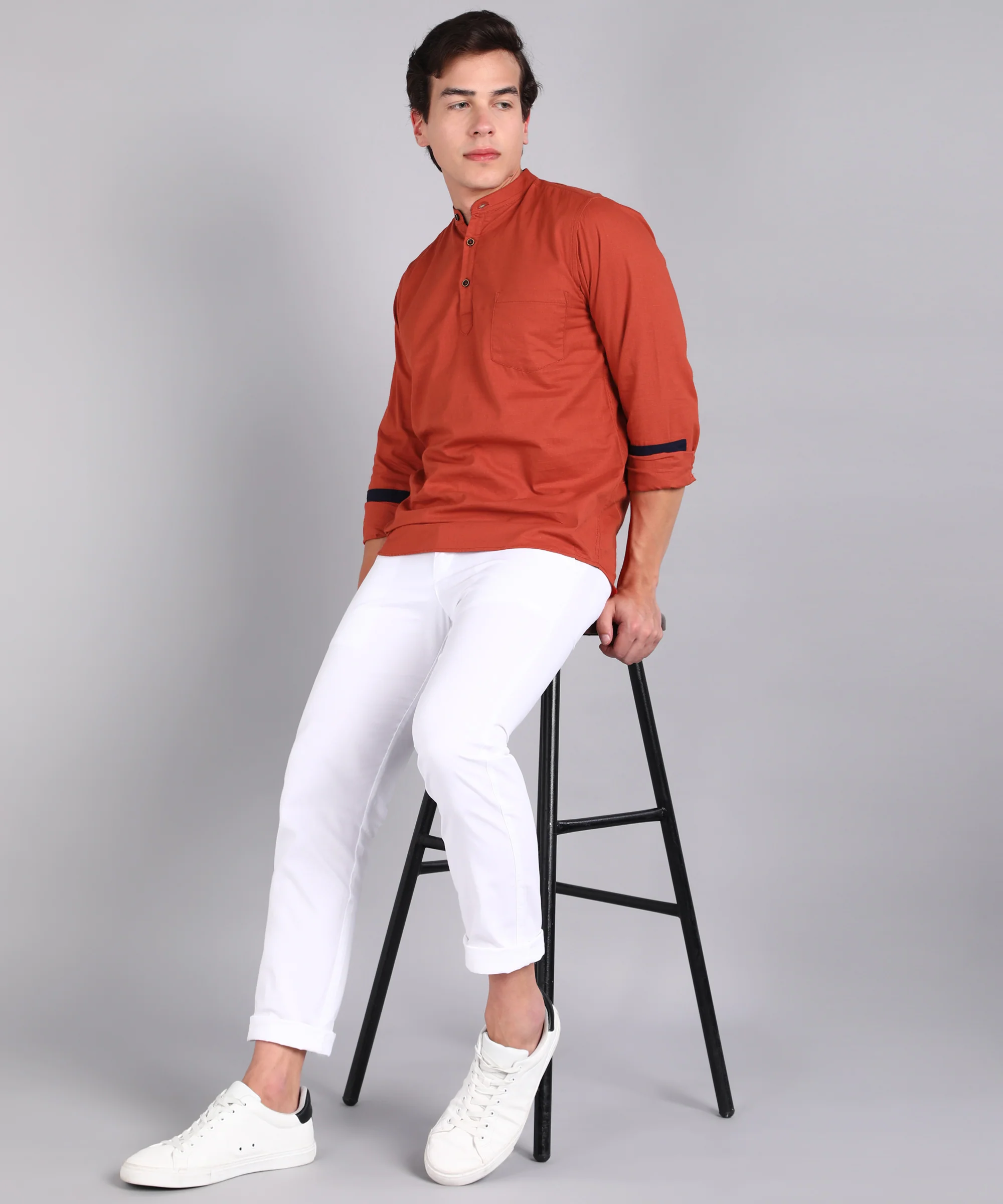 Men's Orange Cotton Full Sleeve Slim Fit Solid Shirt with Mandarin Collar - Image 4
