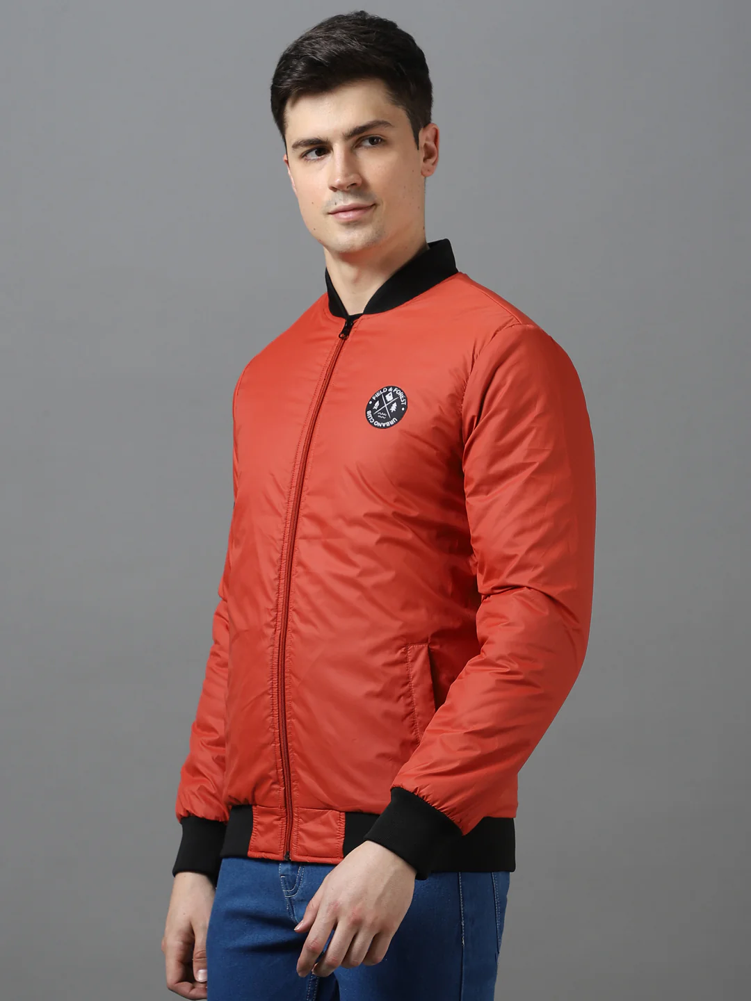 Men's Orange Full Sleeve Zippered Bomber Jacket - Image 2