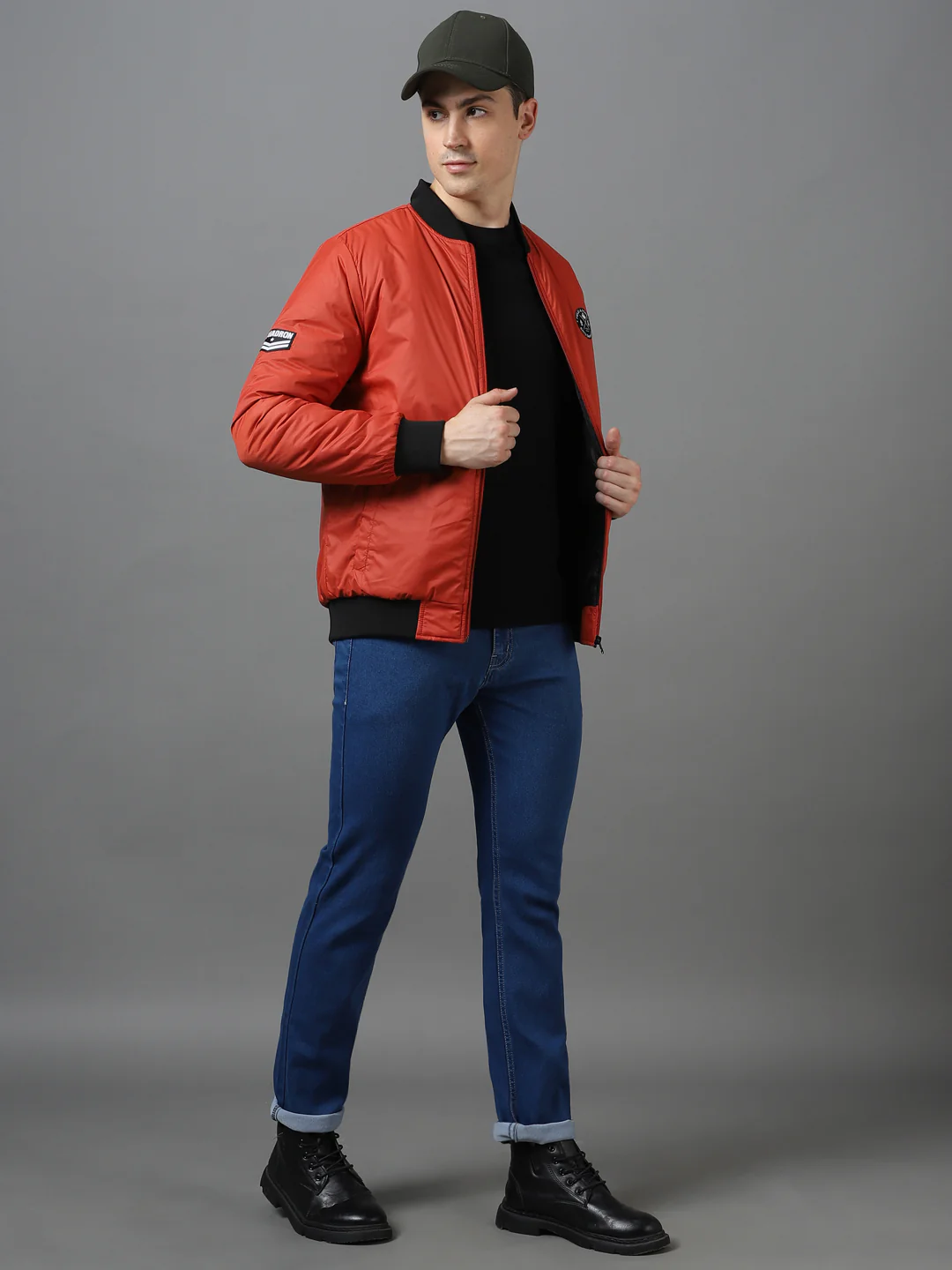 Men's Orange Full Sleeve Zippered Bomber Jacket - Image 4