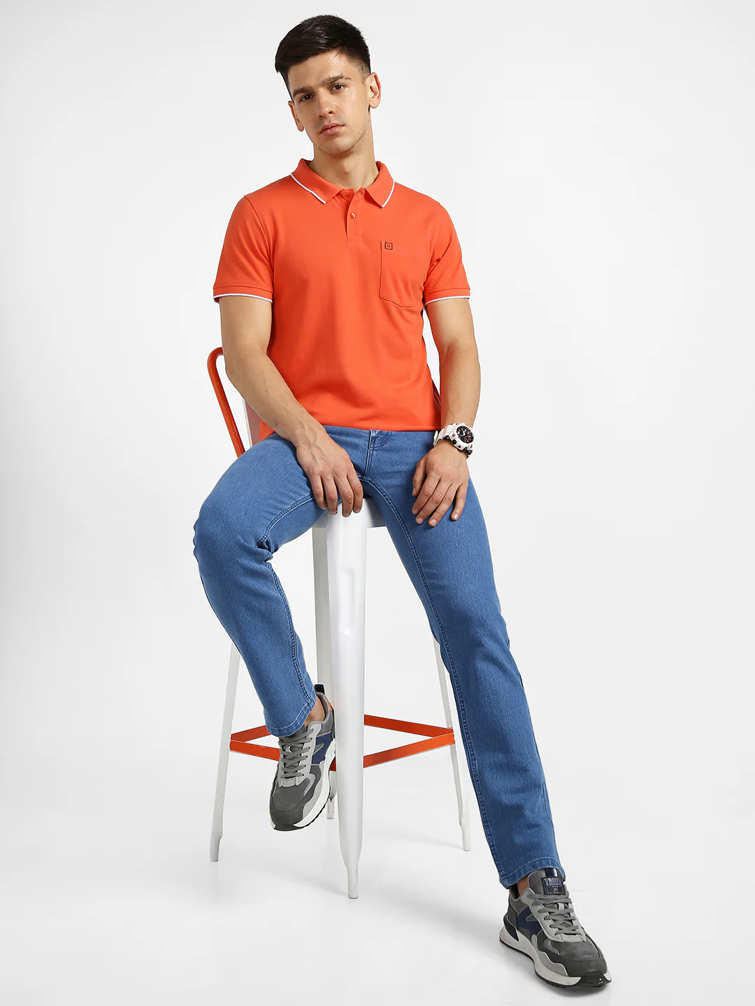 Men's Orange Solid Slim Fit Half Sleeve Cotton Polo T-Shirt - Image 4