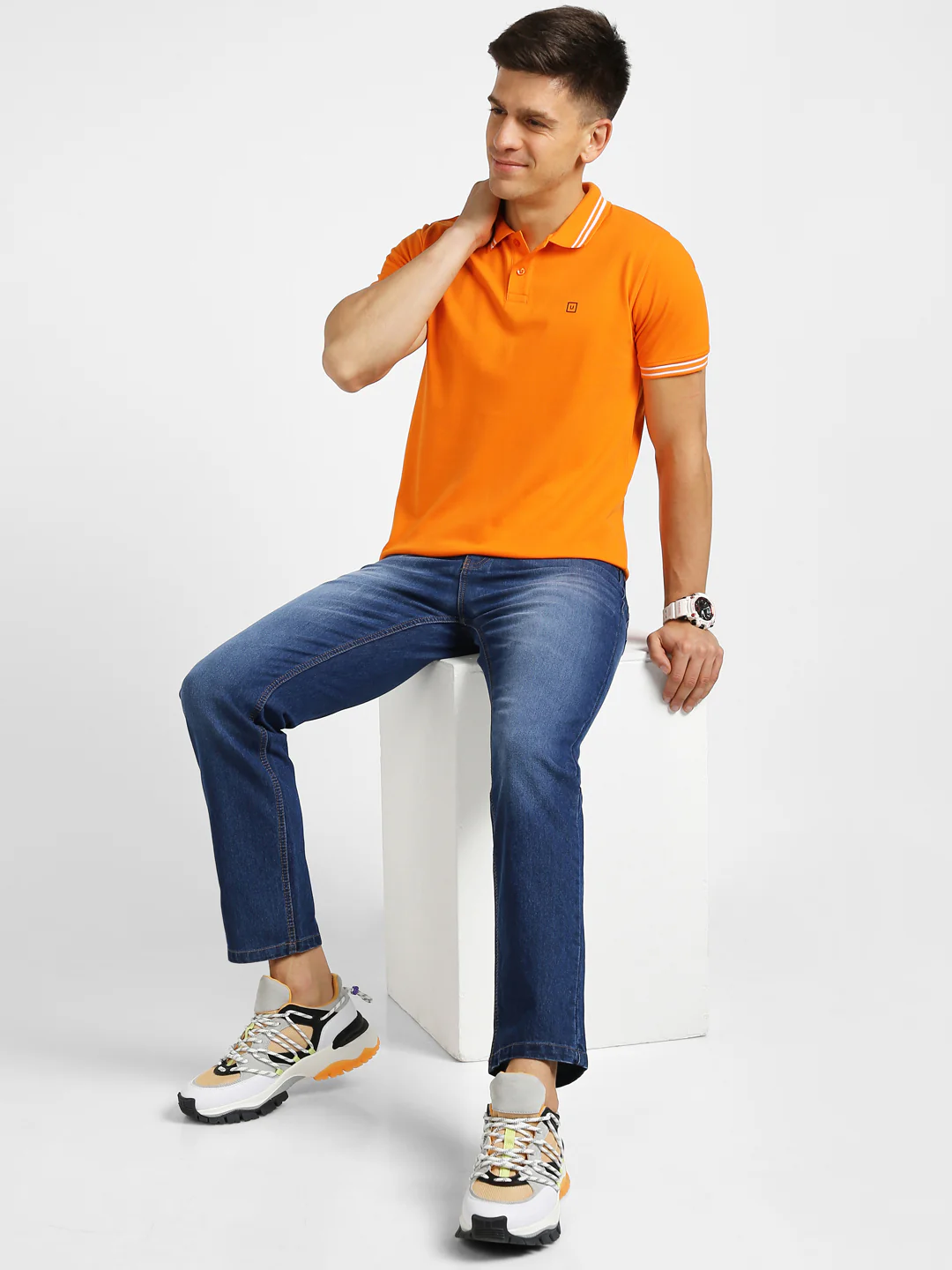 Men's Orange Solid Slim Fit Half Sleeve Cotton Polo T-Shirt - Image 4