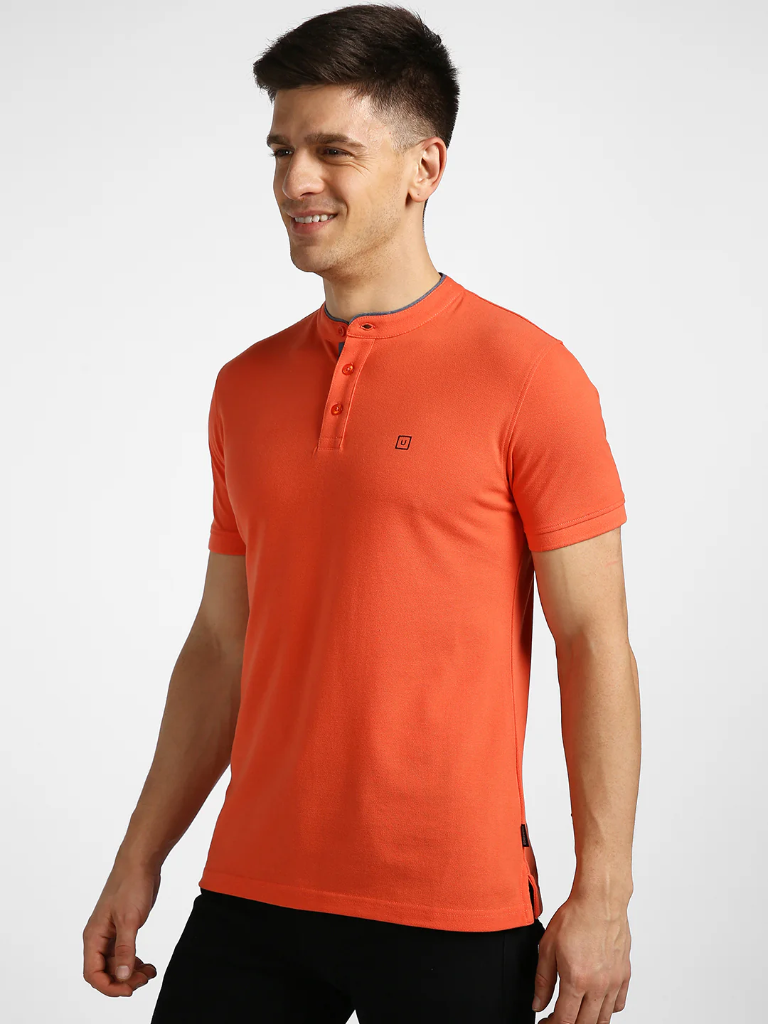 Men's Orange Solid Slim Fit Half Sleeve Cotton Polo T-Shirt with Mandarin Collar - Image 2