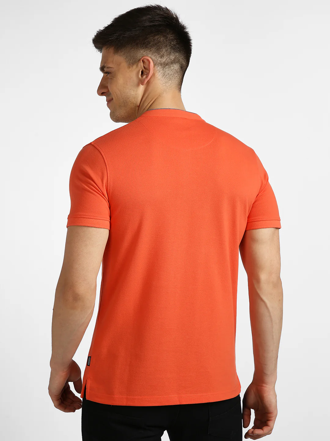 Men's Orange Solid Slim Fit Half Sleeve Cotton Polo T-Shirt with Mandarin Collar - Image 3