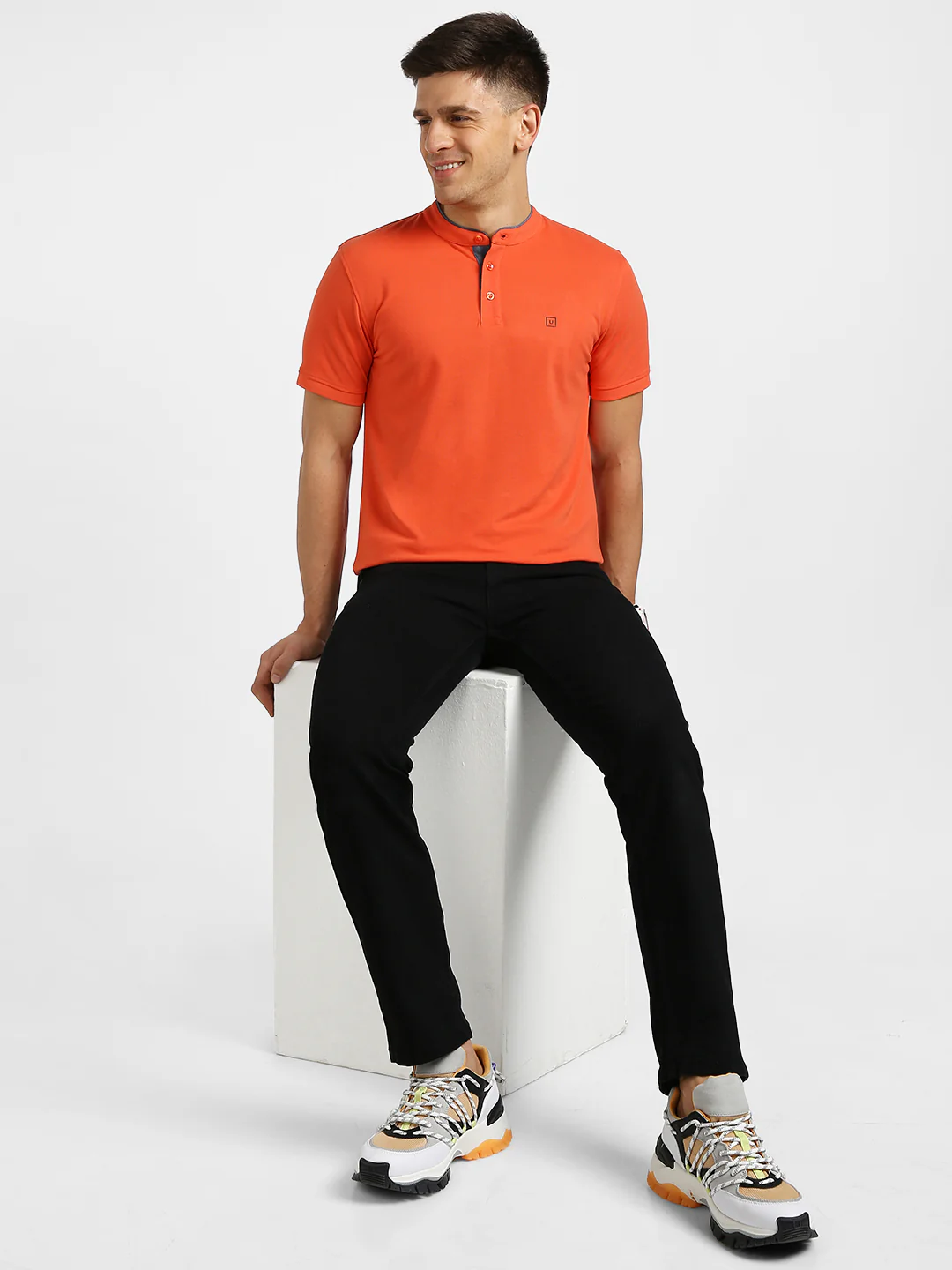 Men's Orange Solid Slim Fit Half Sleeve Cotton Polo T-Shirt with Mandarin Collar - Image 4
