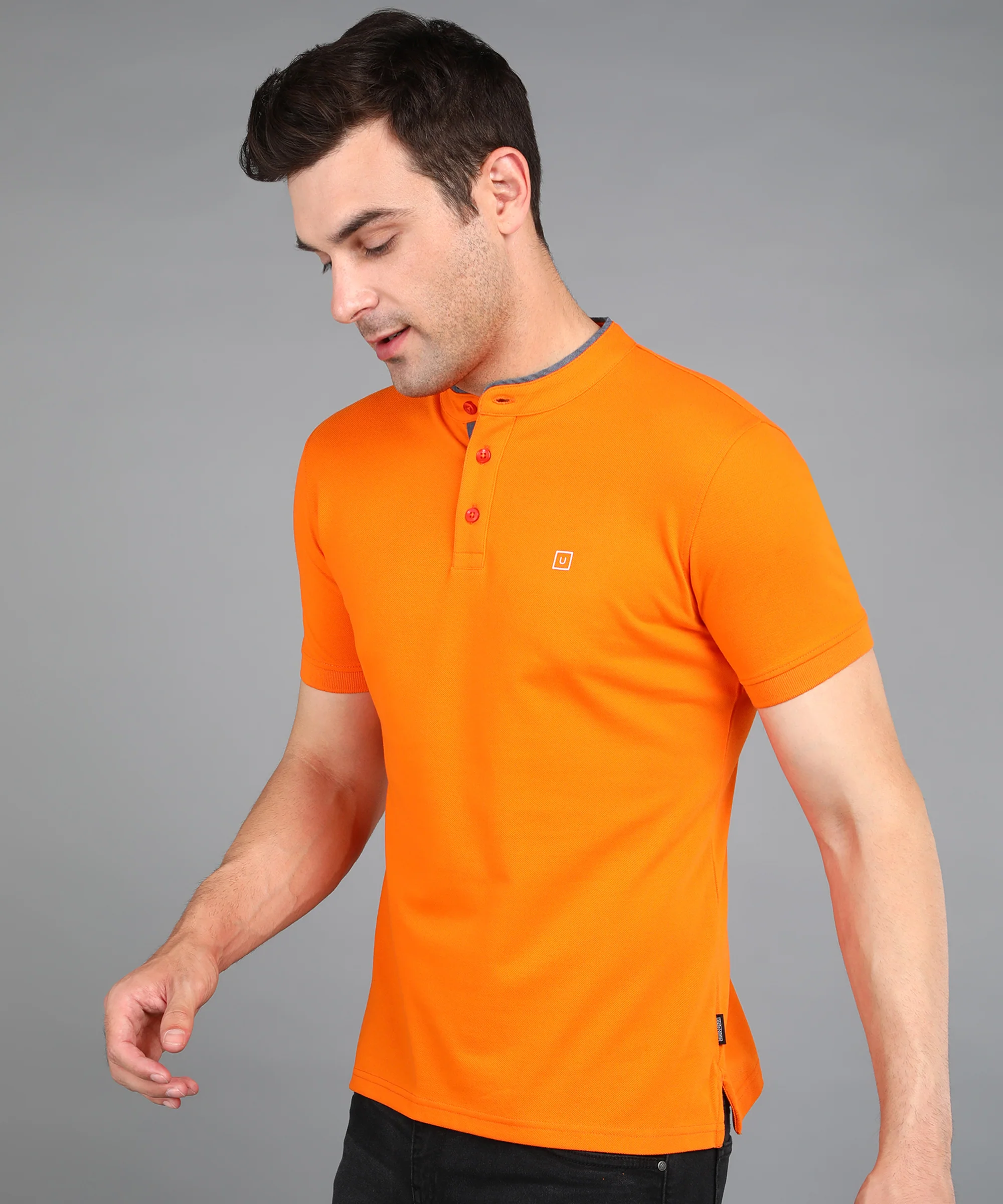 Men's Orange Solid Slim Fit Half Sleeve Cotton Polo T-Shirt with Mandarin Collar - Image 2