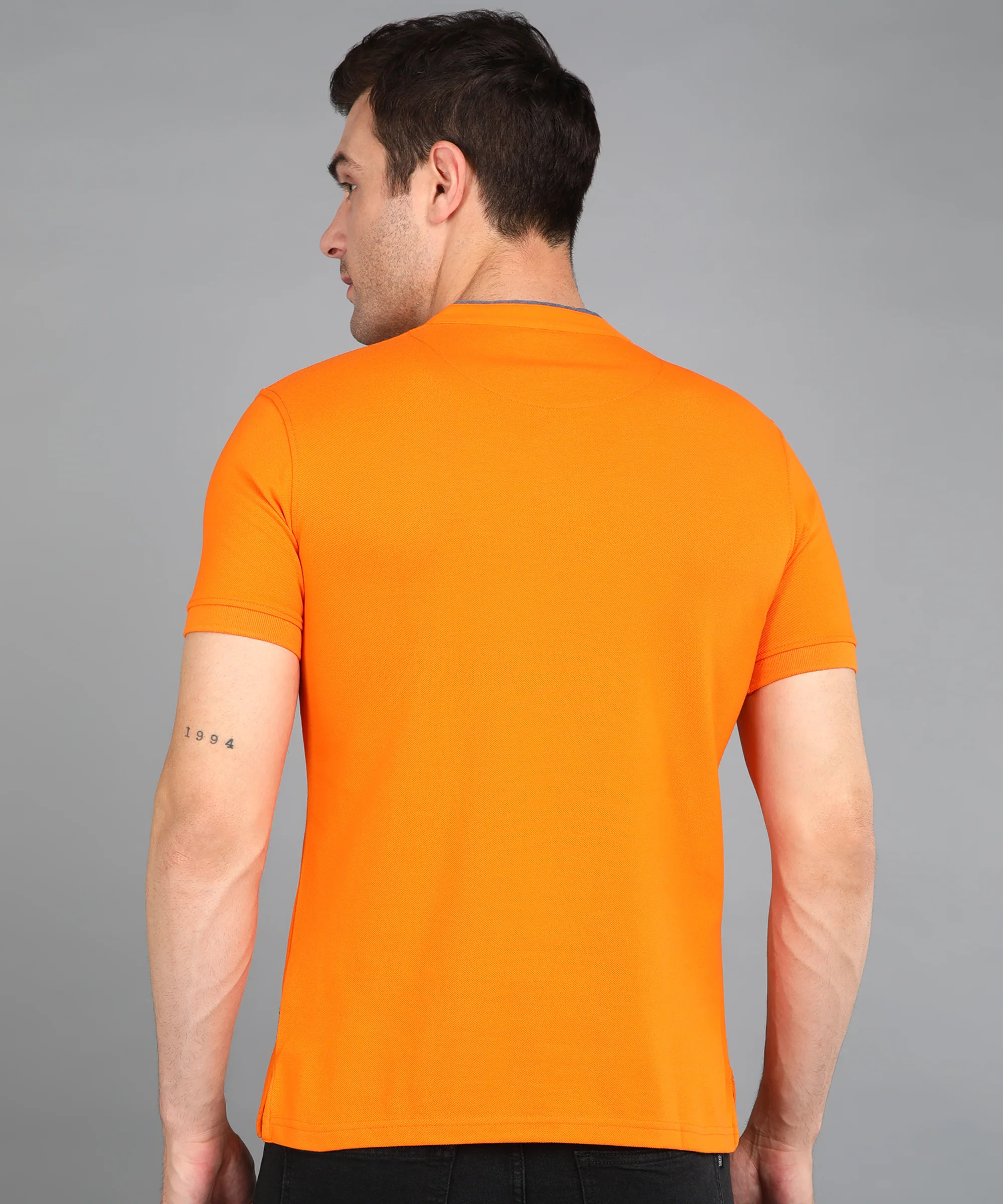 Men's Orange Solid Slim Fit Half Sleeve Cotton Polo T-Shirt with Mandarin Collar - Image 3