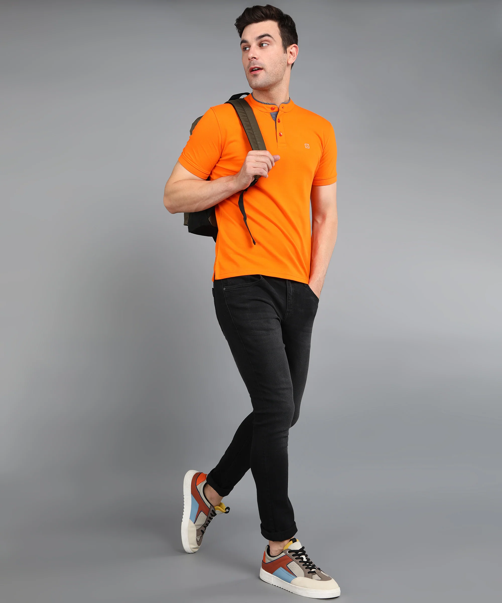 Men's Orange Solid Slim Fit Half Sleeve Cotton Polo T-Shirt with Mandarin Collar - Image 4