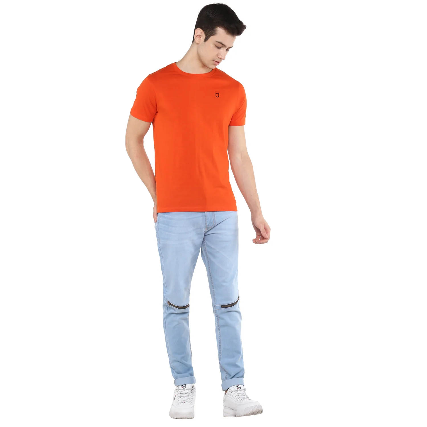 Men's Orange Solid Slim Fit Round Neck Cotton T-Shirt - Image 4