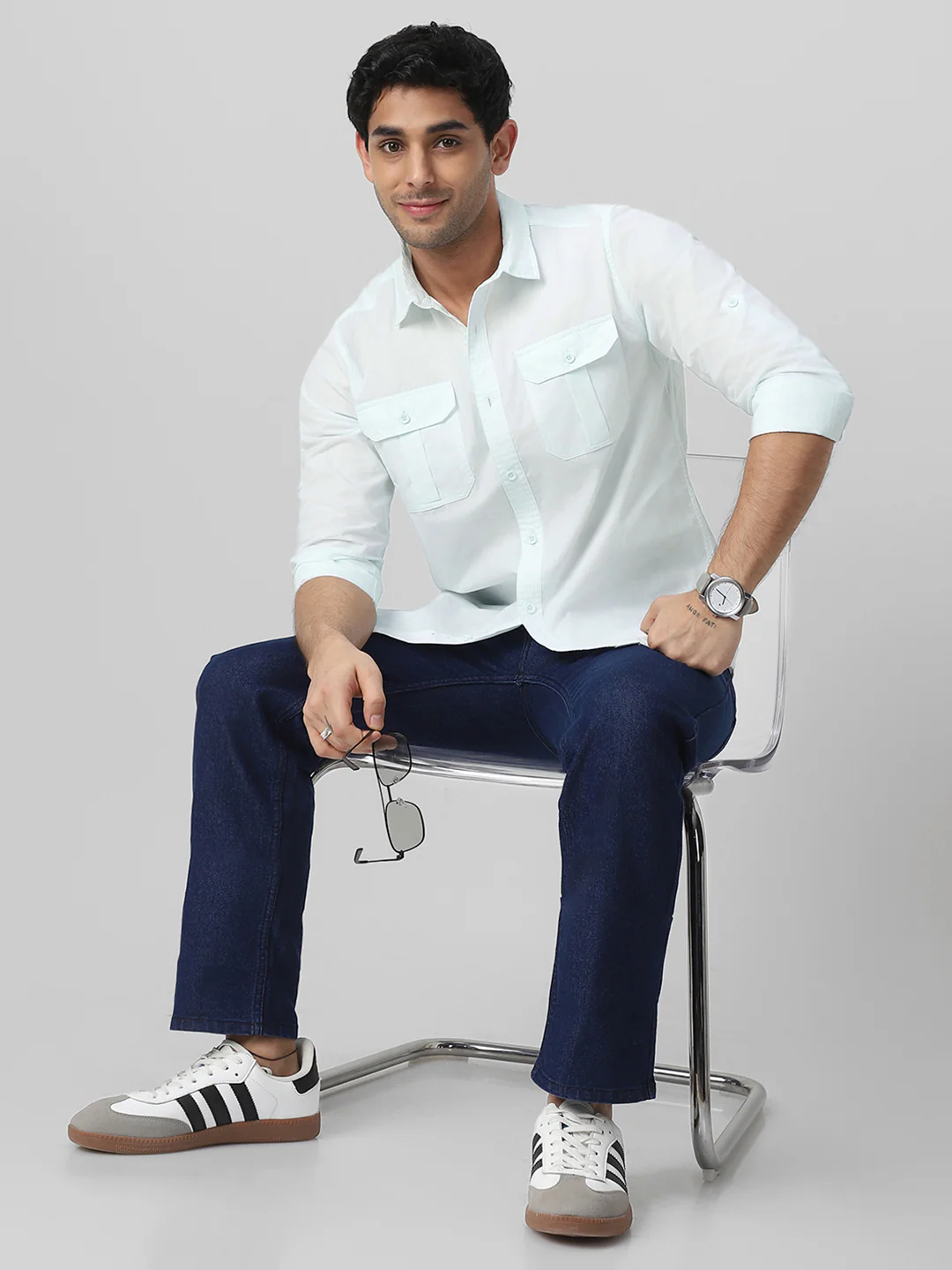 Men's Pastel Blue Cotton Full Sleeve Regular Fit Casual Solid Shirt - Image 5